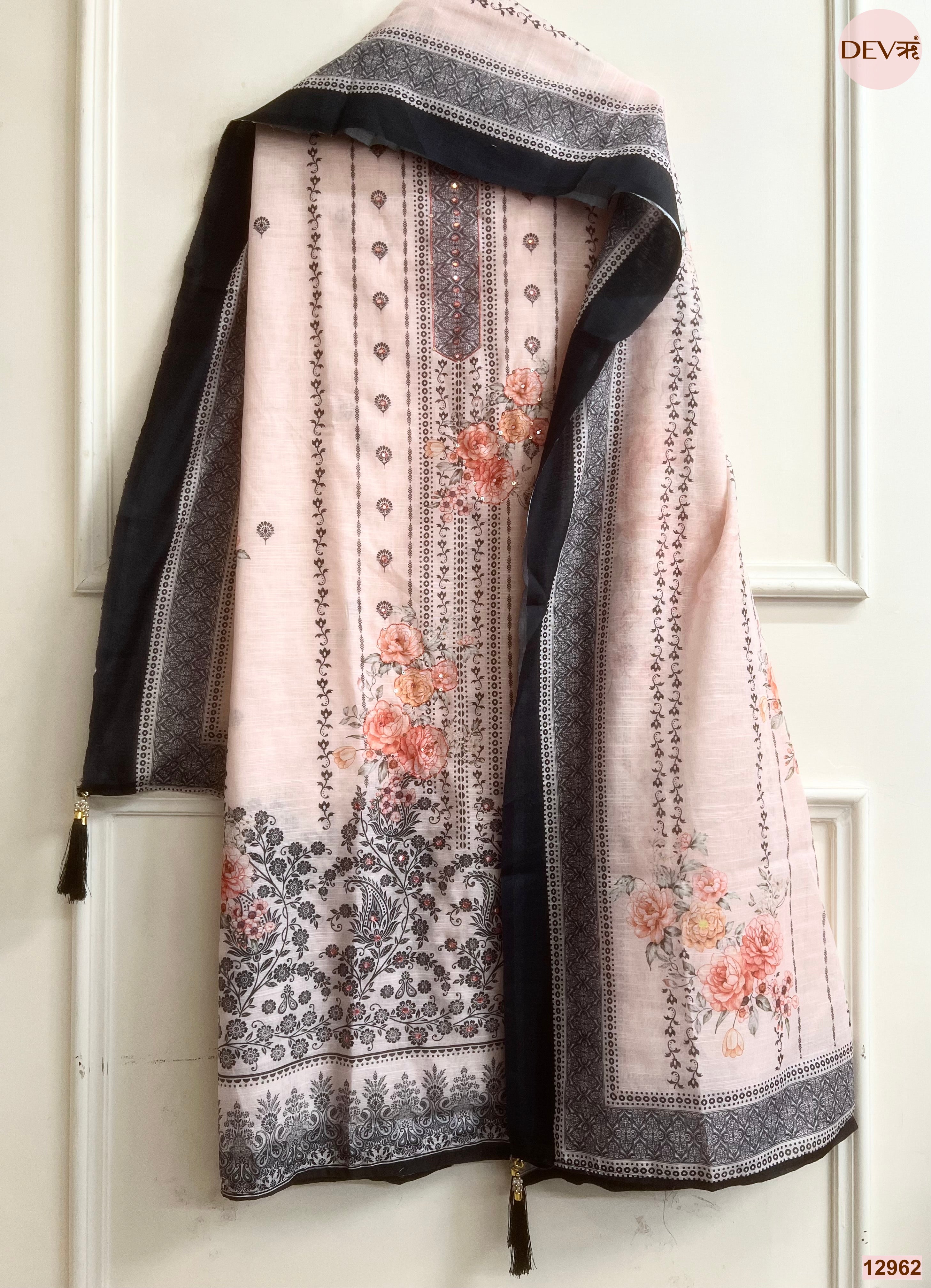 Peach Linen Cotton Printed Unstitched 3-Piece Suit (Devri – D.No 12962)