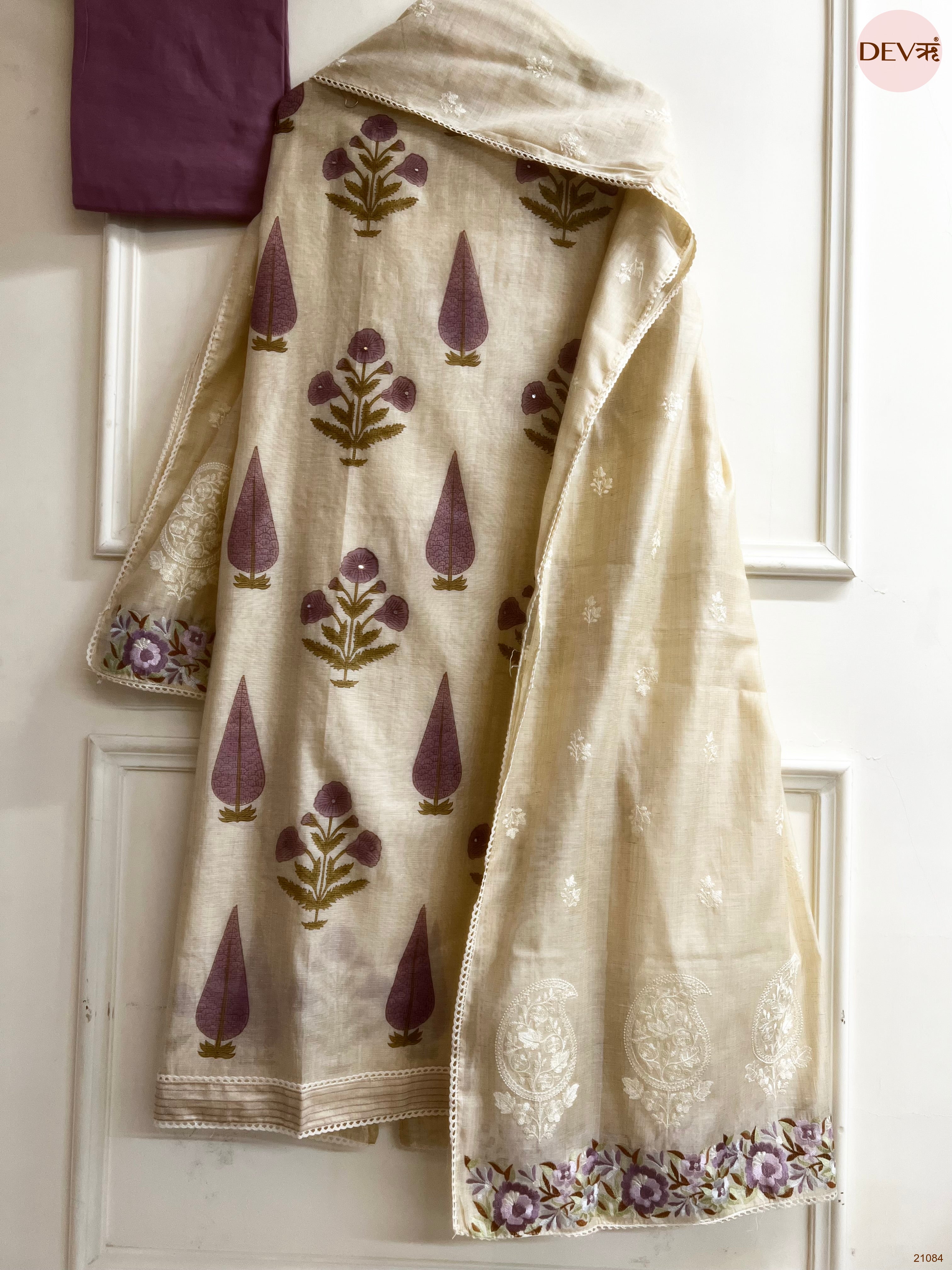 Beige Mul Chanderi Printed Unstitched 3-Piece Suit (Devri – D.No 21084)