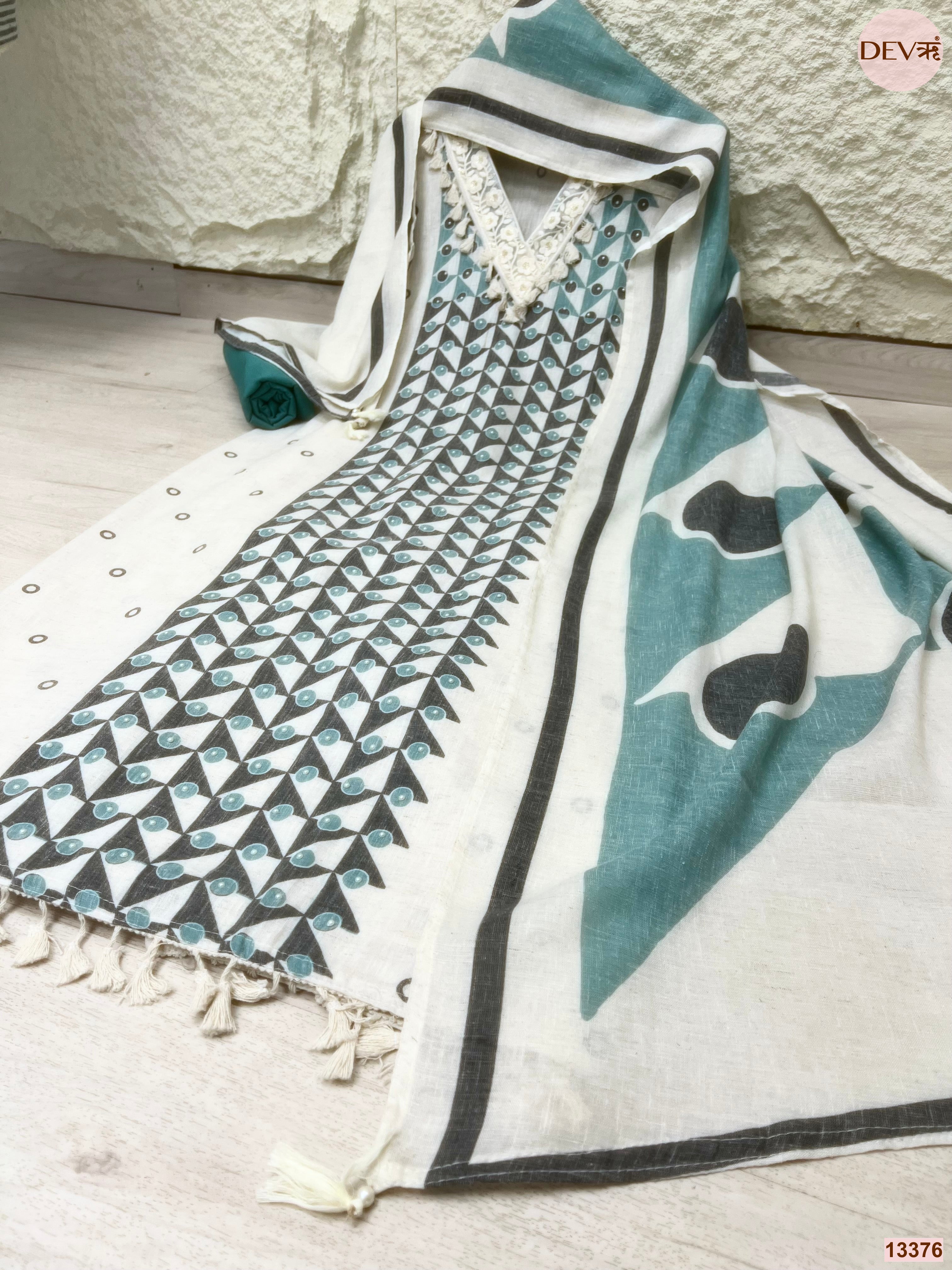 Off White Khadi Cotton Printed Unstitched 3-Piece Suit (Devri – D.No 13376)