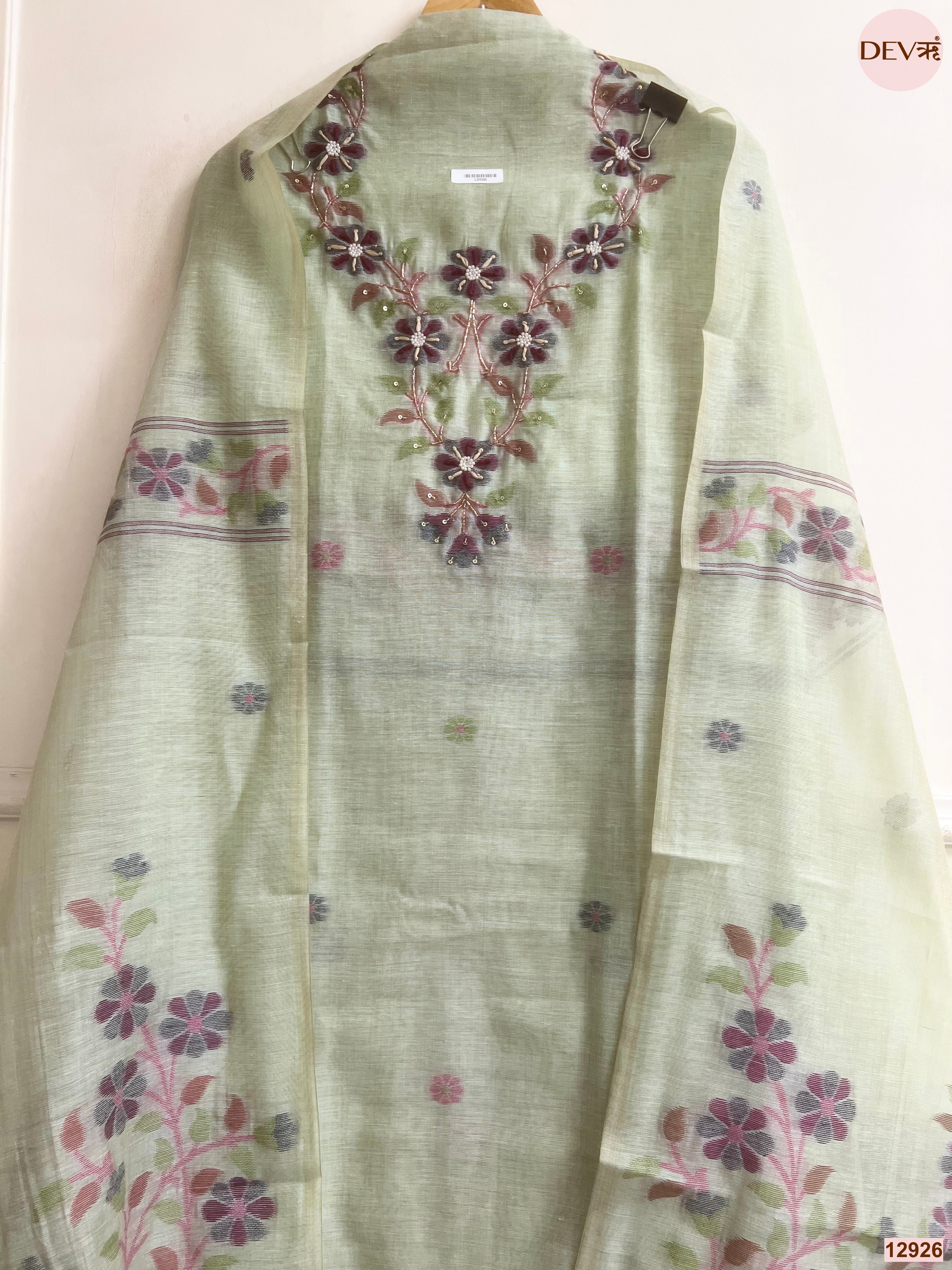 Green Jamdani Cotton Printed Unstitched 3-Piece Suit (Devri – D.No 12926)