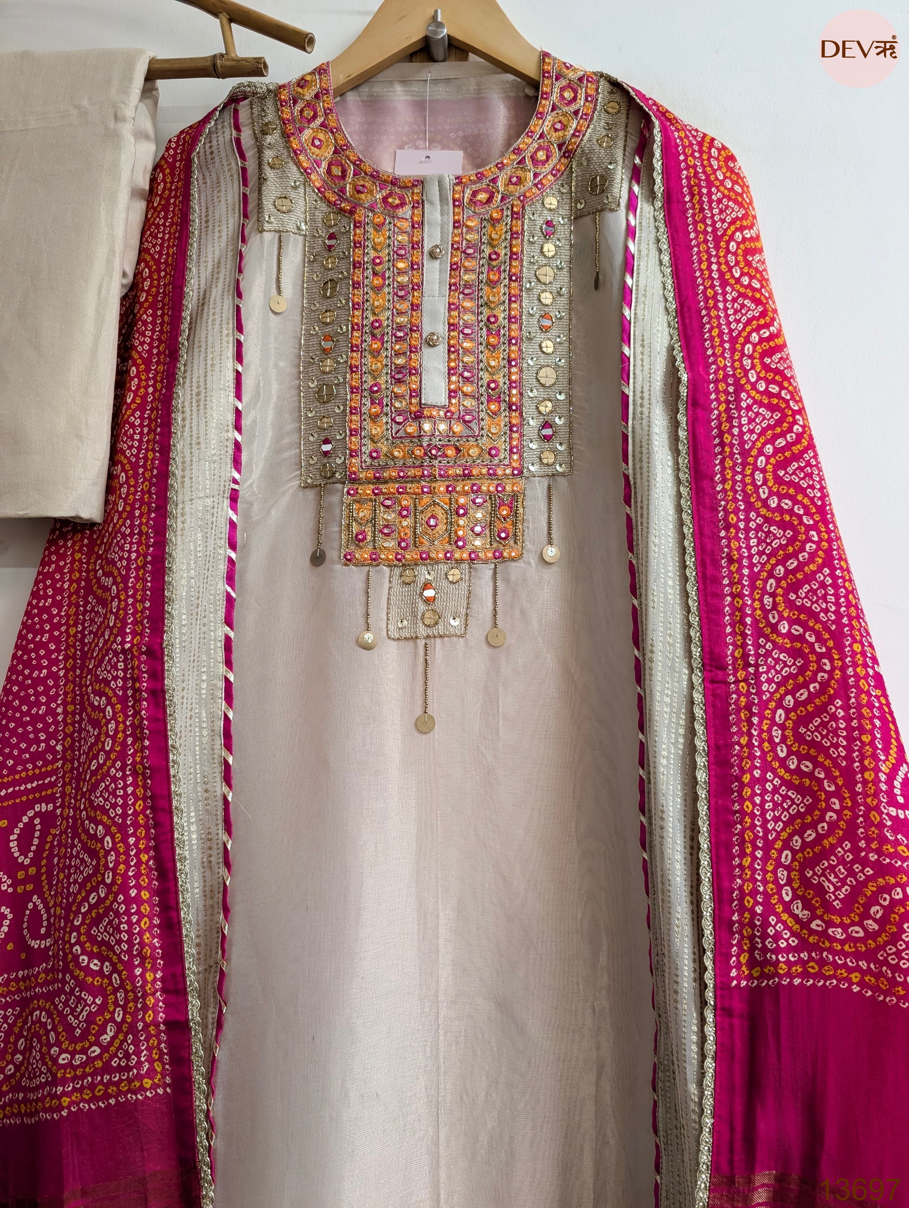Beige Tissue Silk Hand Unstitched 3-Piece Suit (Devri – D.No 13697)