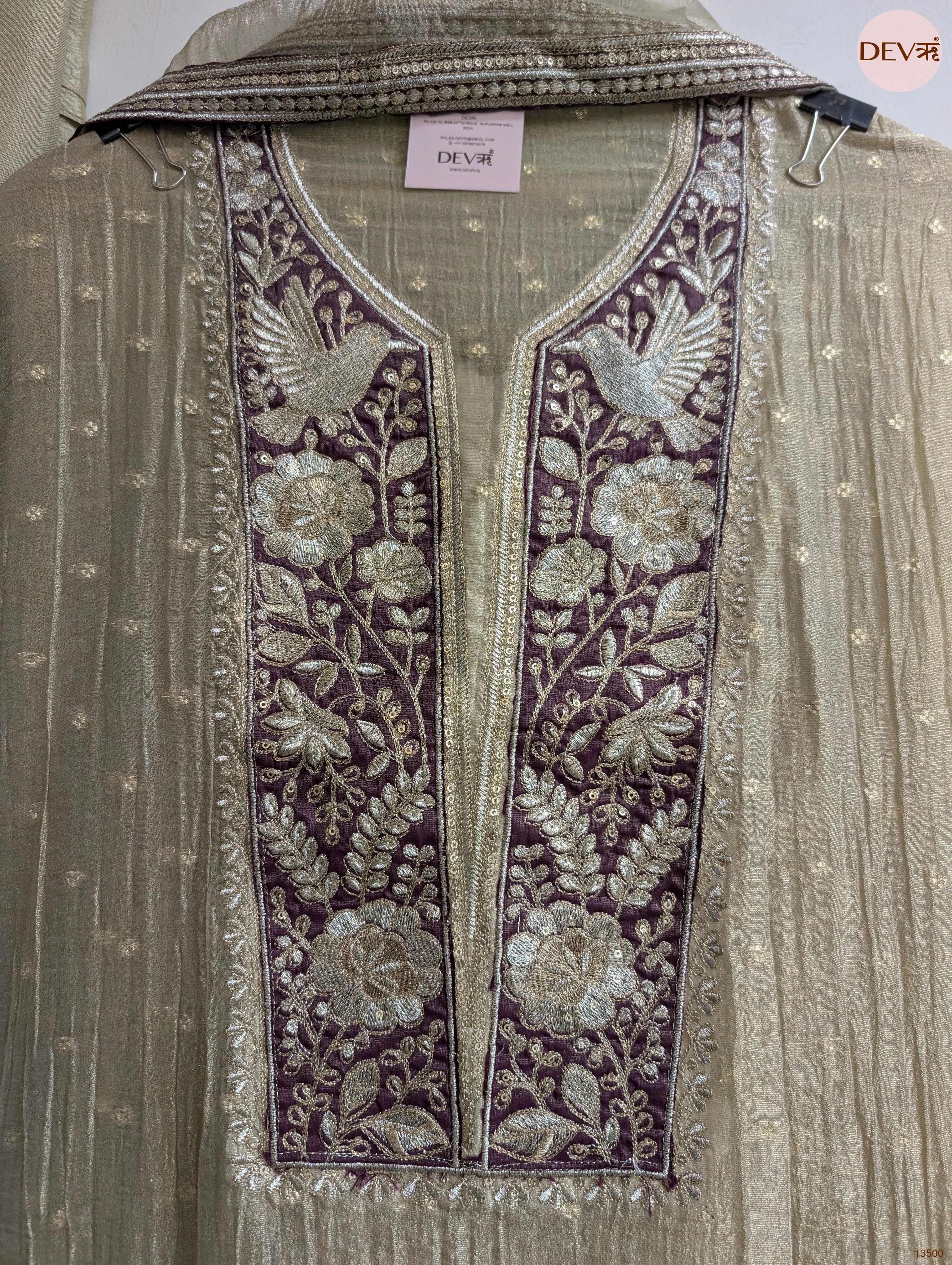 Olive Tissue Silk Embroidered Unstitched 3-Piece Suit (Devri – D.No 13500)
