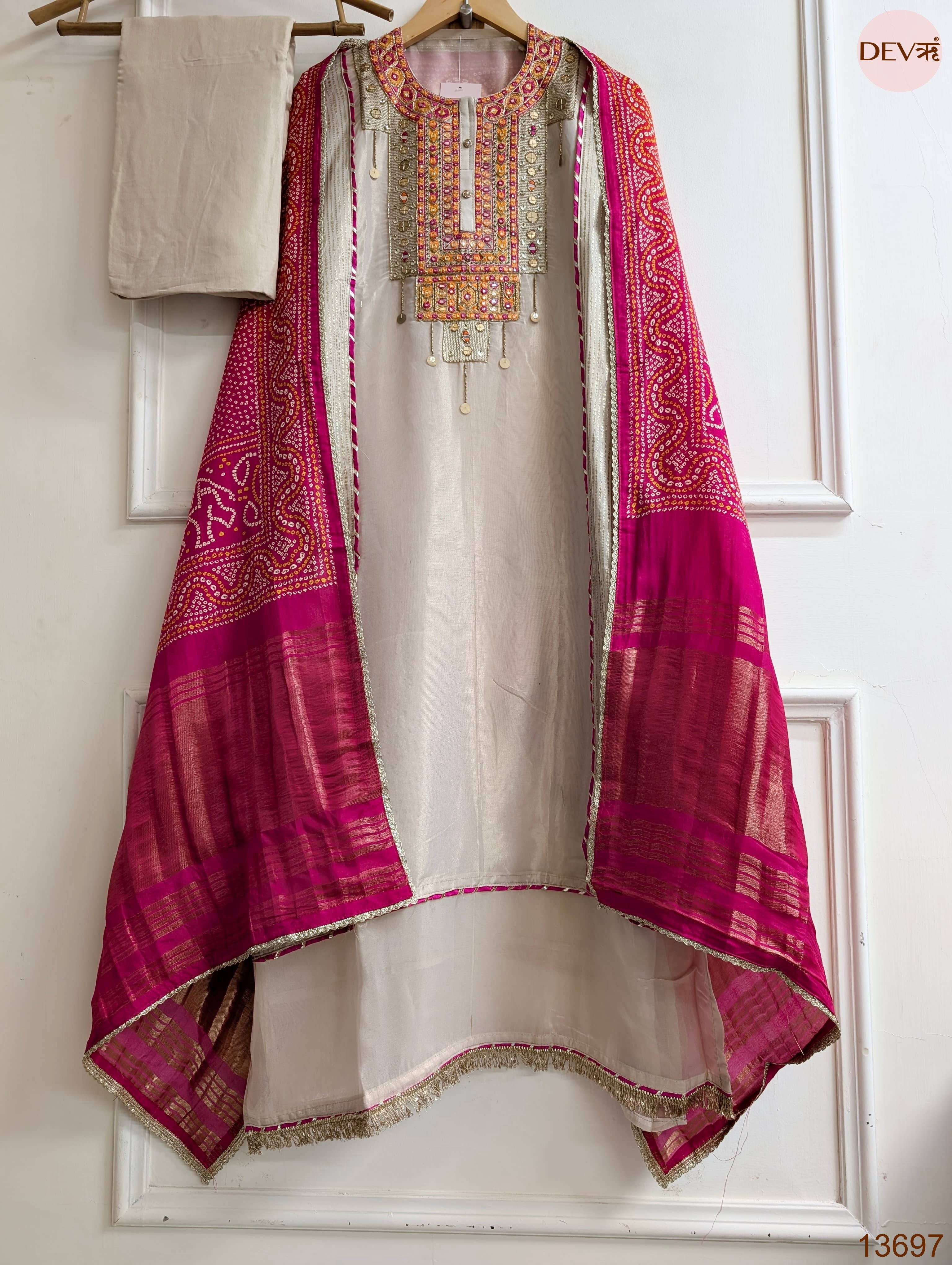 Beige Tissue Silk Hand Unstitched 3-Piece Suit (Devri – D.No 13697)