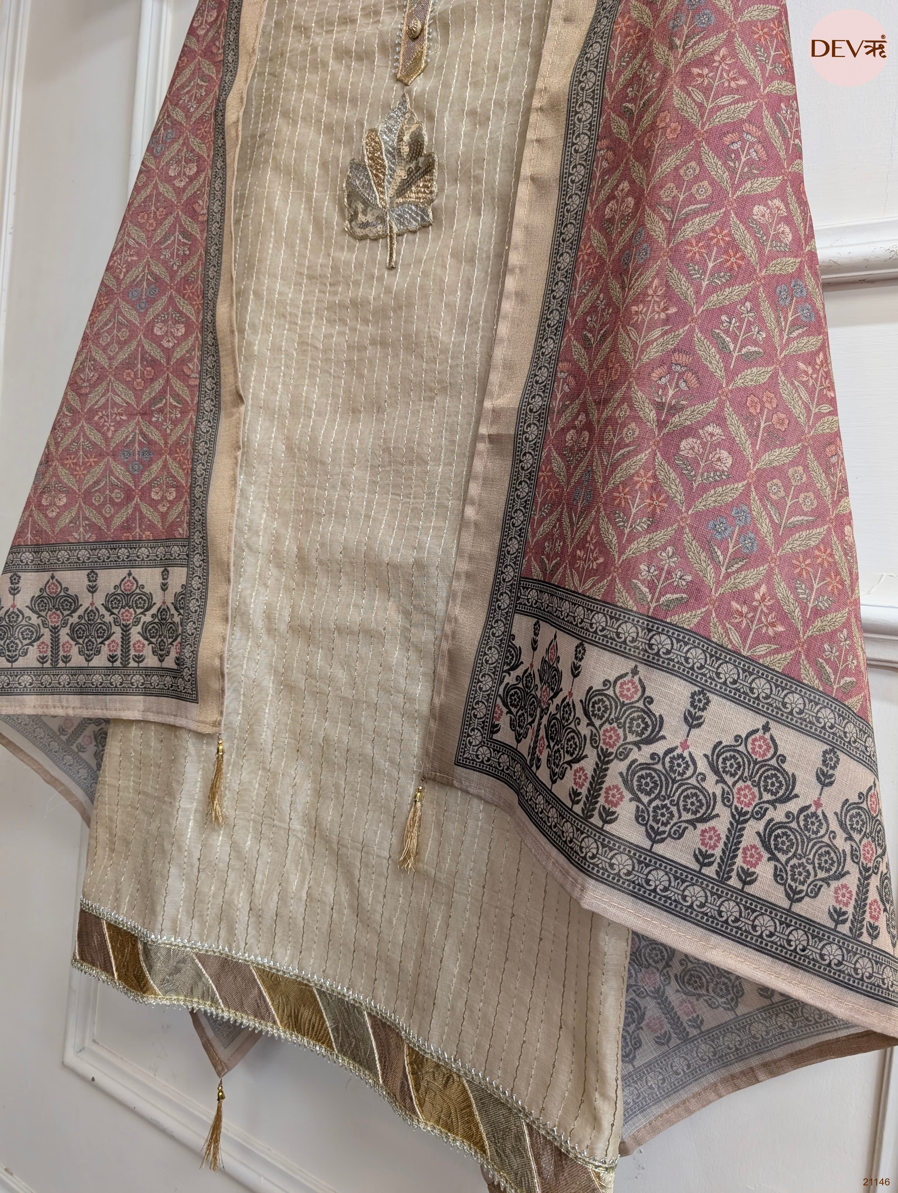 Cream Pure Chanderi Embroidered Unstitched 3-Piece Suit (Devri – D.No 21146)