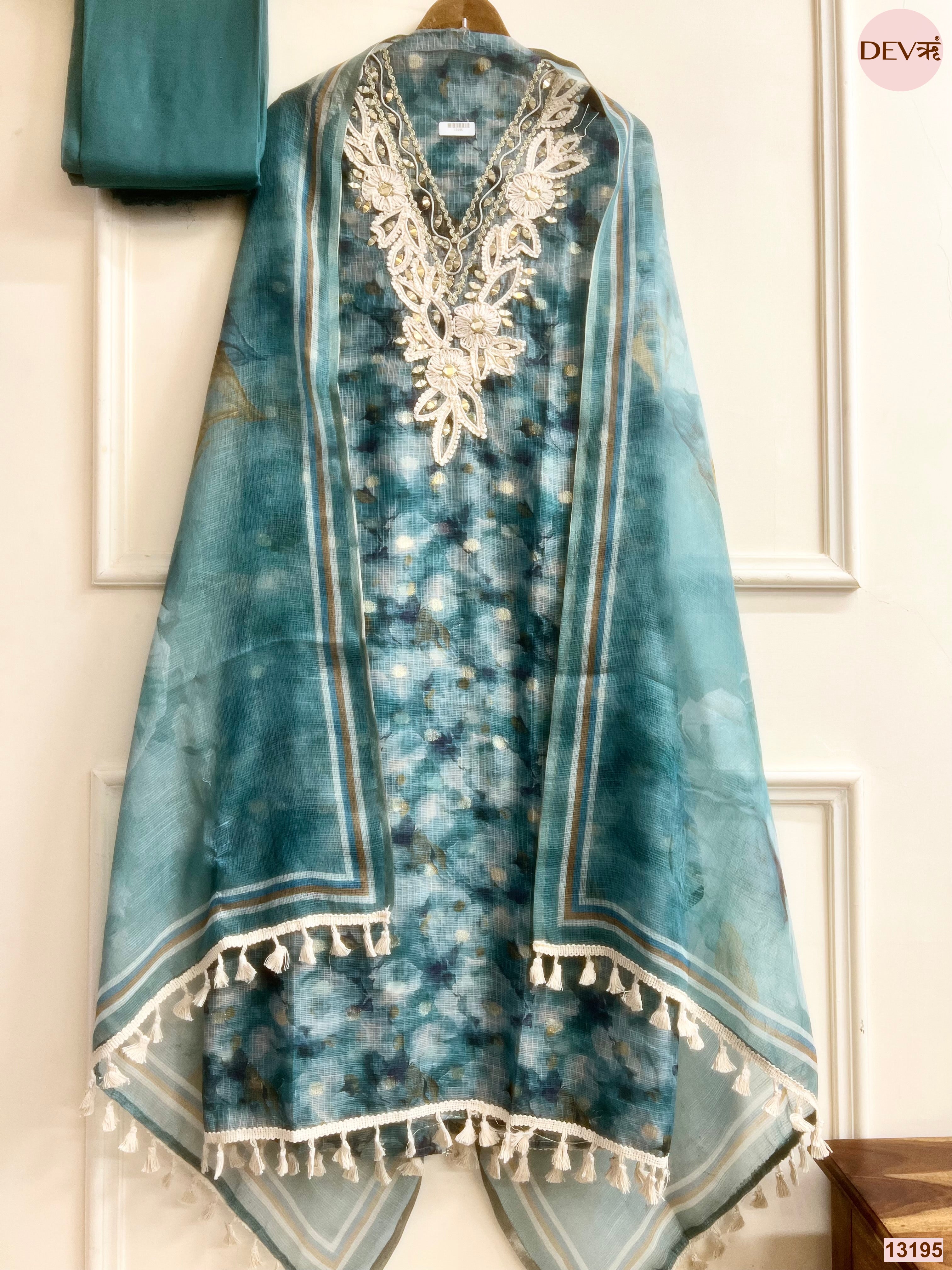 Teal Kota Zari Embroidered Unstitched 3-Piece Suit (Devri – D.No 13195)