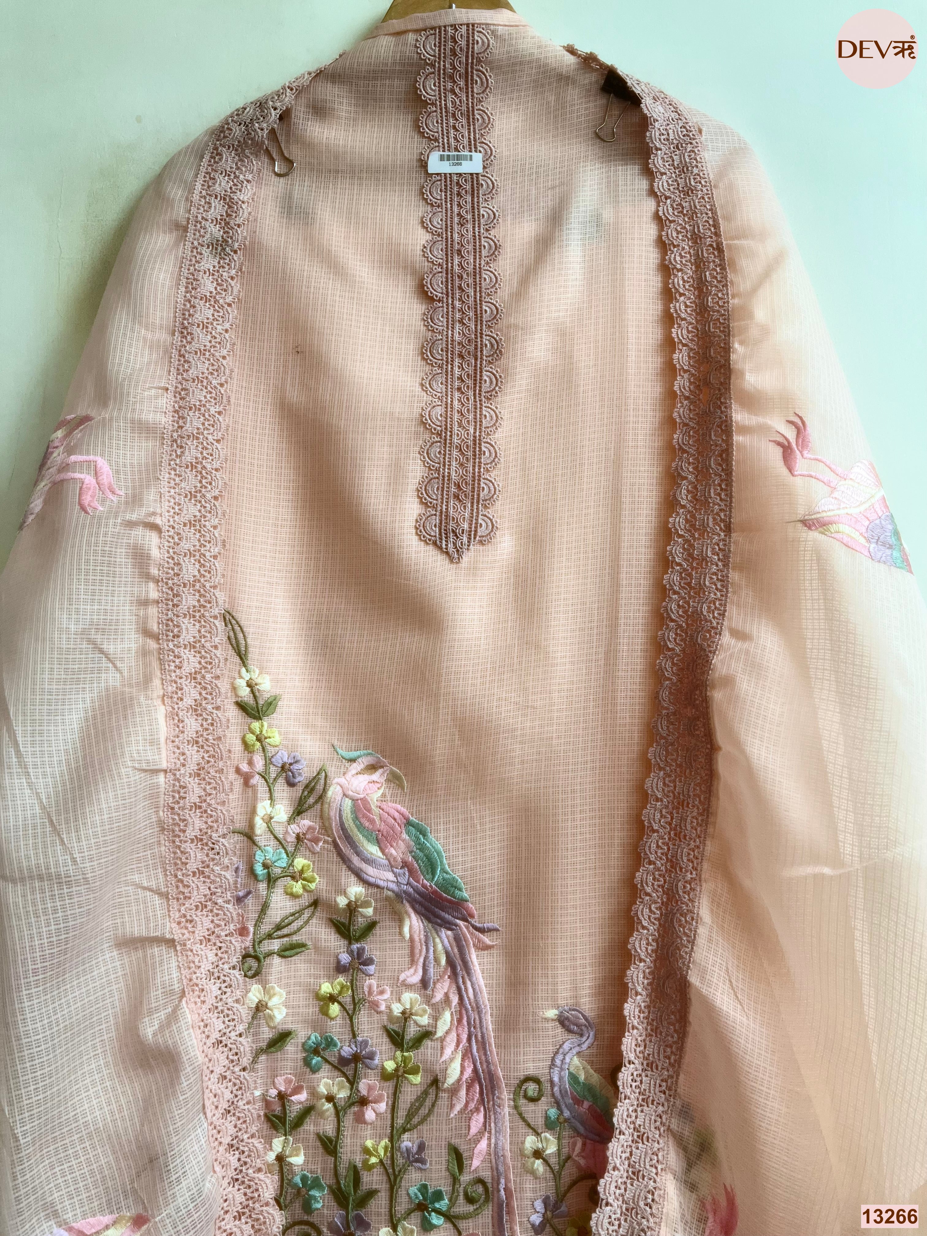 Peach Kota Cotton Embroidered Unstitched 3-Piece Suit (Devri – D.No 13266)