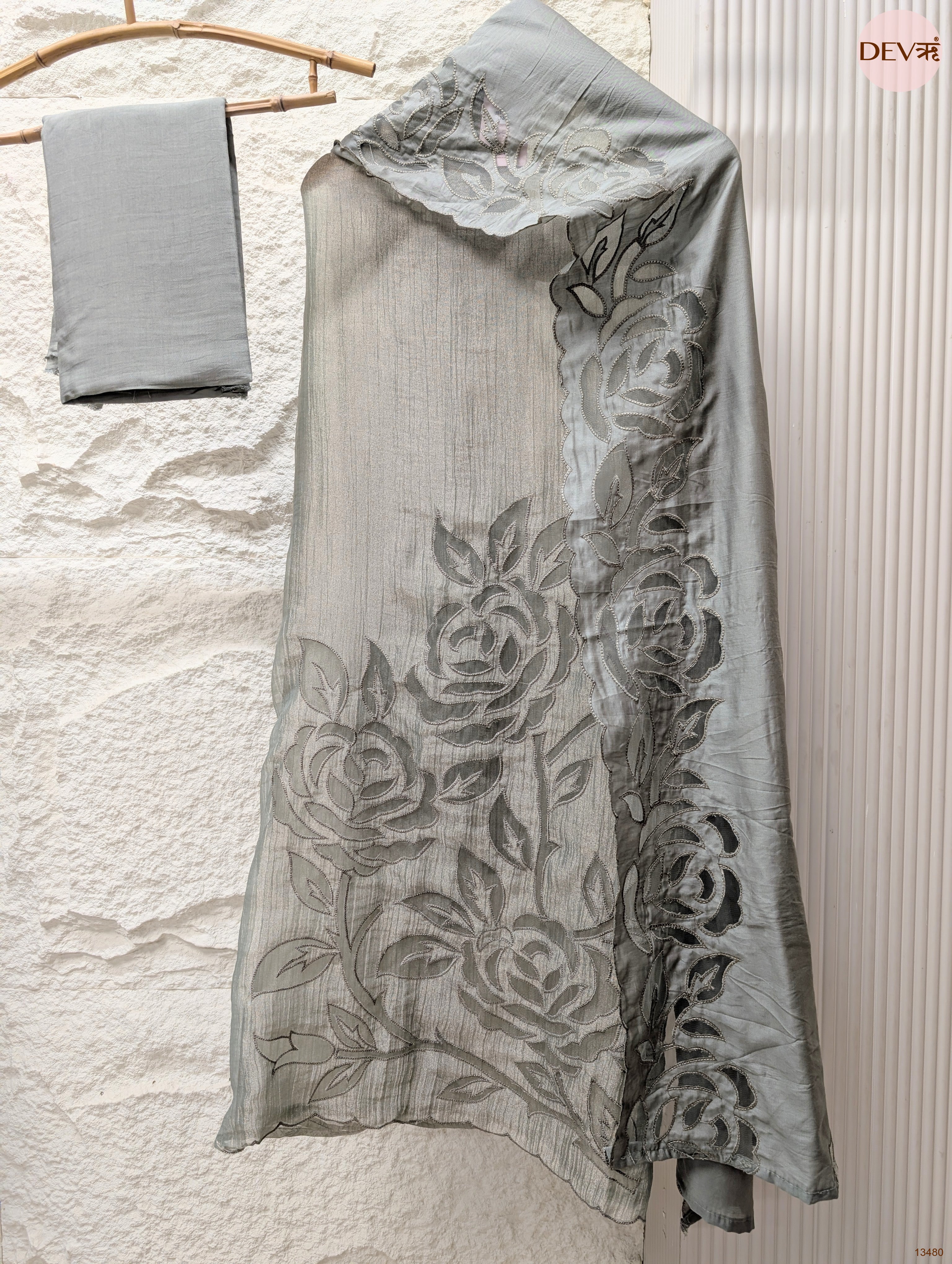 Grey Tissue Crush Silk Embroidered Unstitched 3-Piece Suit (Devri – D.No 13480)