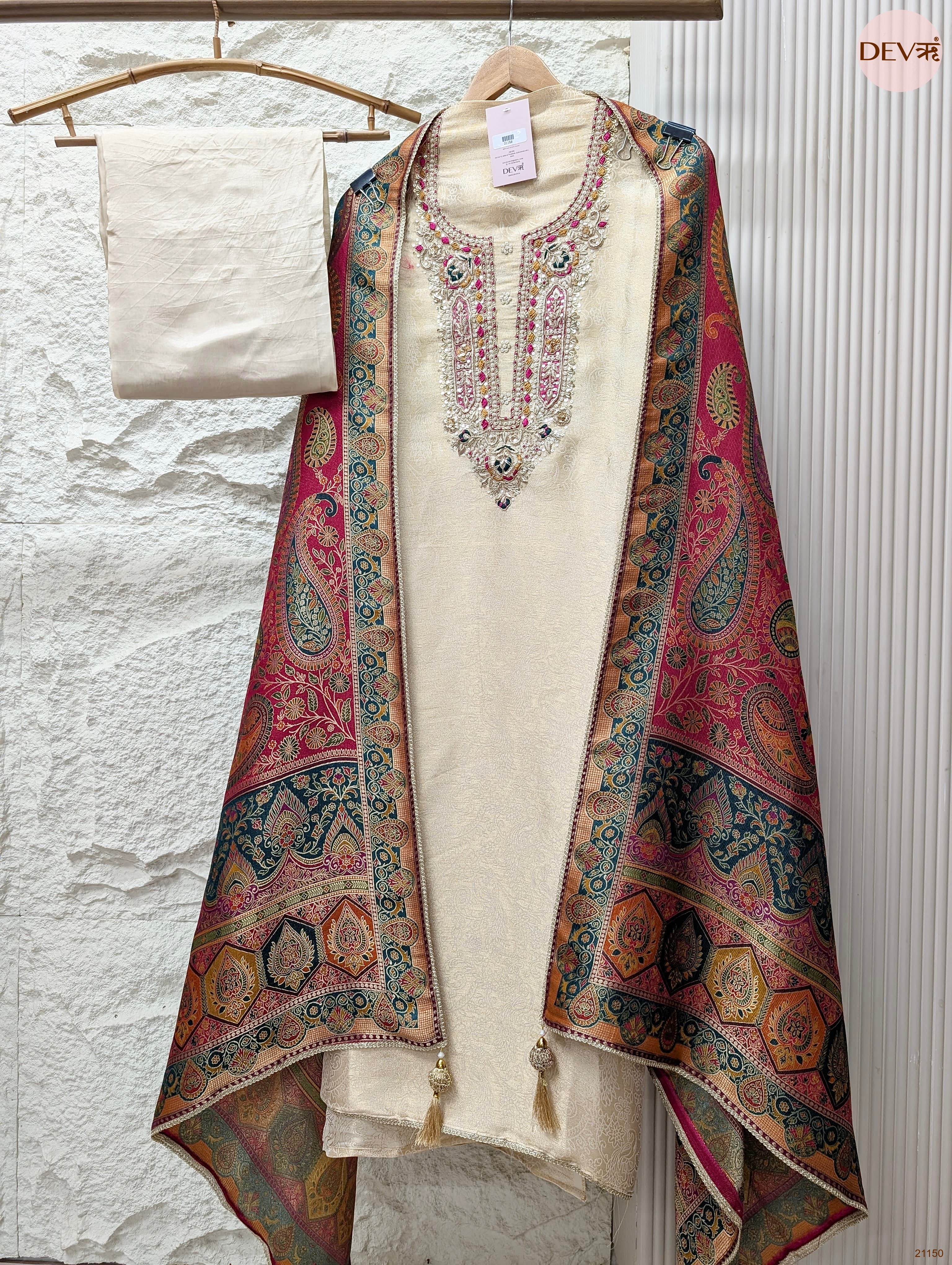 Cream Pure Banarasi Woven Silk Embroidered Unstitched 3-Piece Suit (Devri – D.No 21150)