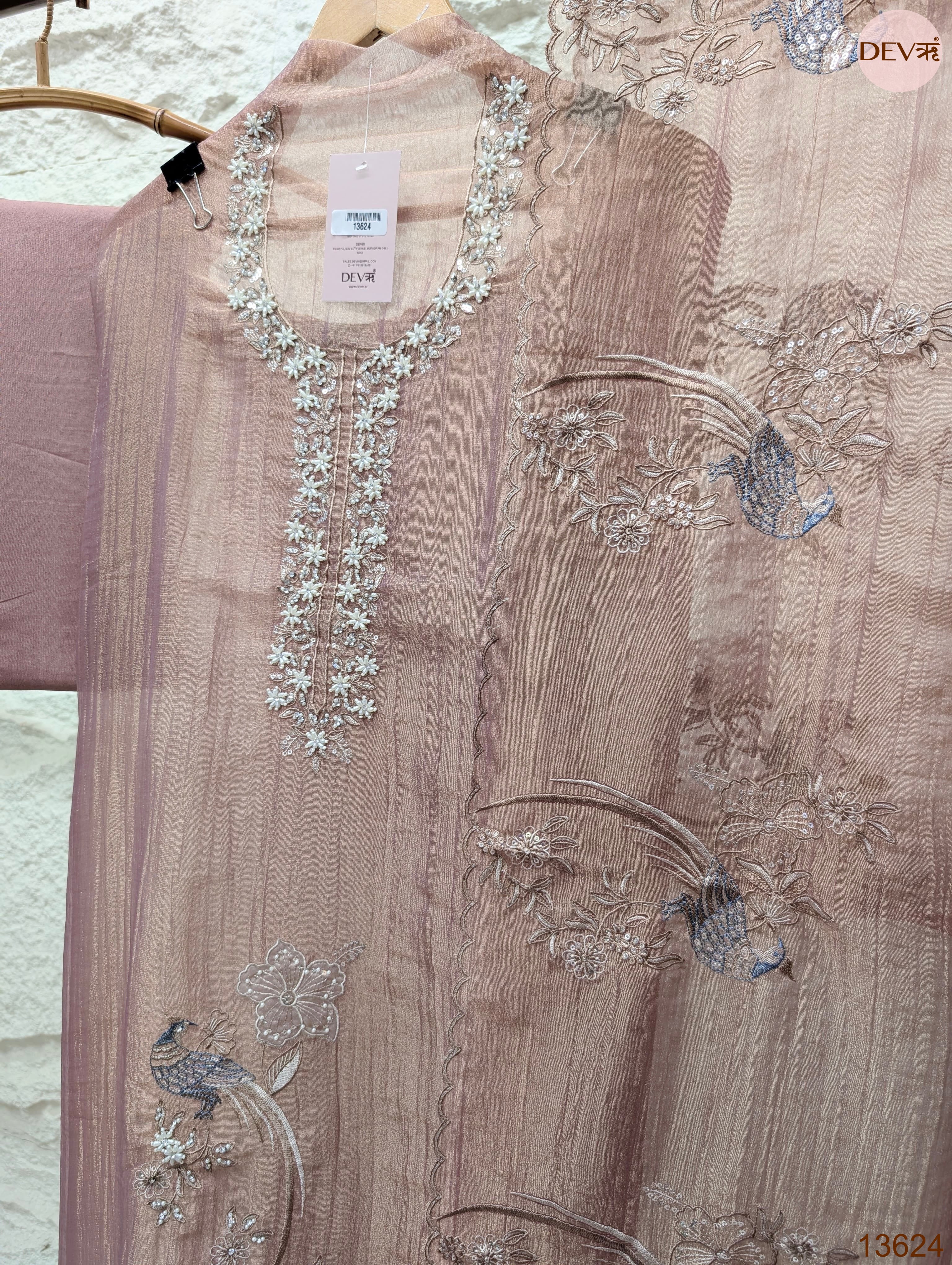 Pink Tissue Crush Silk Embroidered Unstitched 3-Piece Suit (Devri – D.No 13624)
