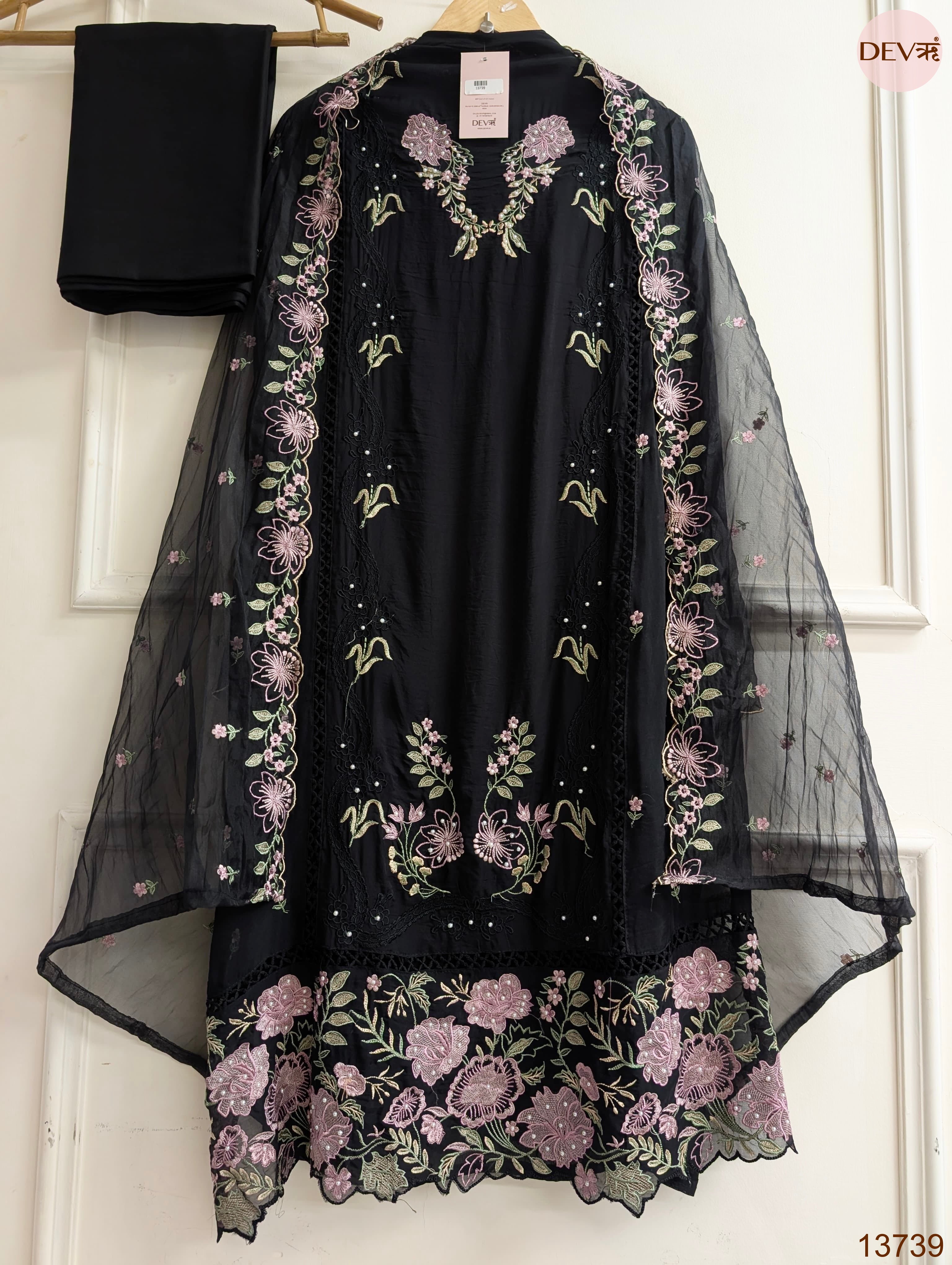 Black Organza Embroidered Unstitched 3-Piece Suit (Devri – D.No 13739)