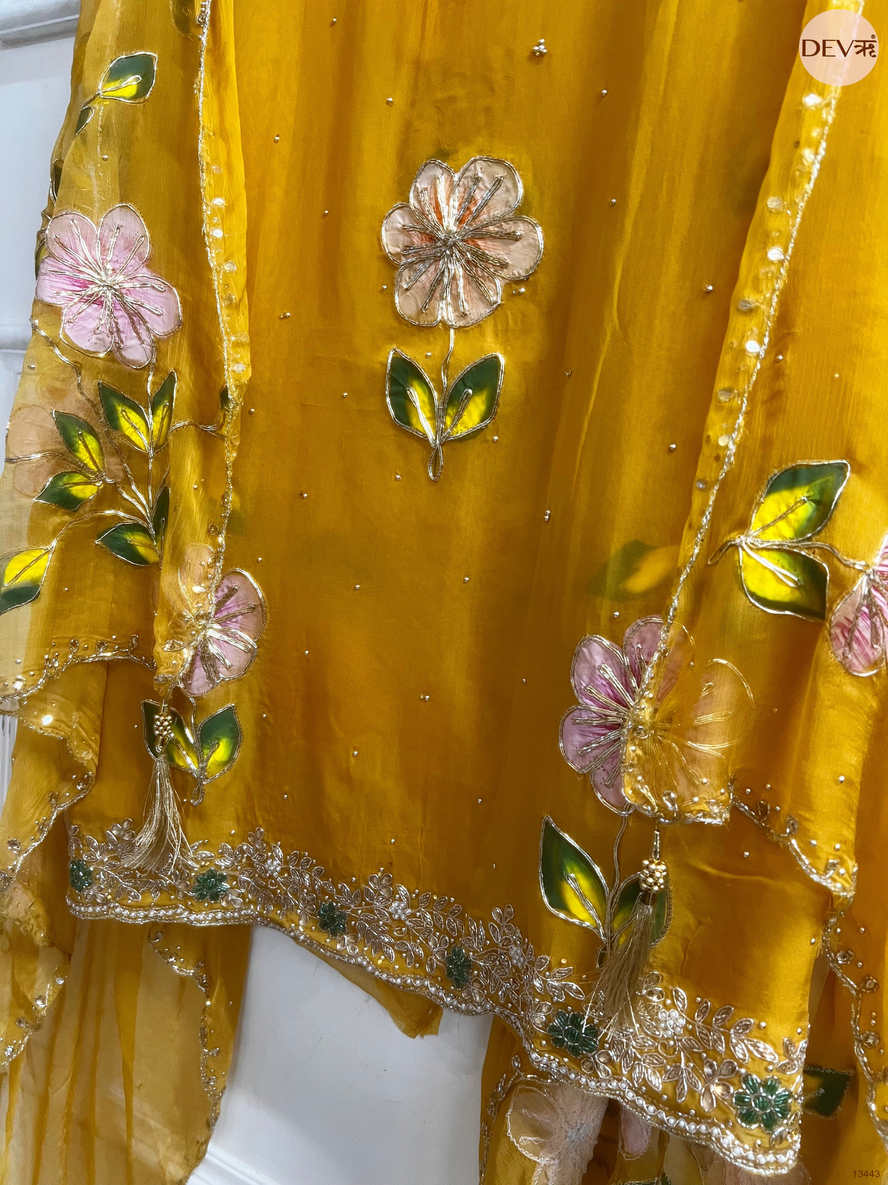 Mustard Handwork viscose organza Unstitched 3-Piece Suit (Devri – D.No 13443)