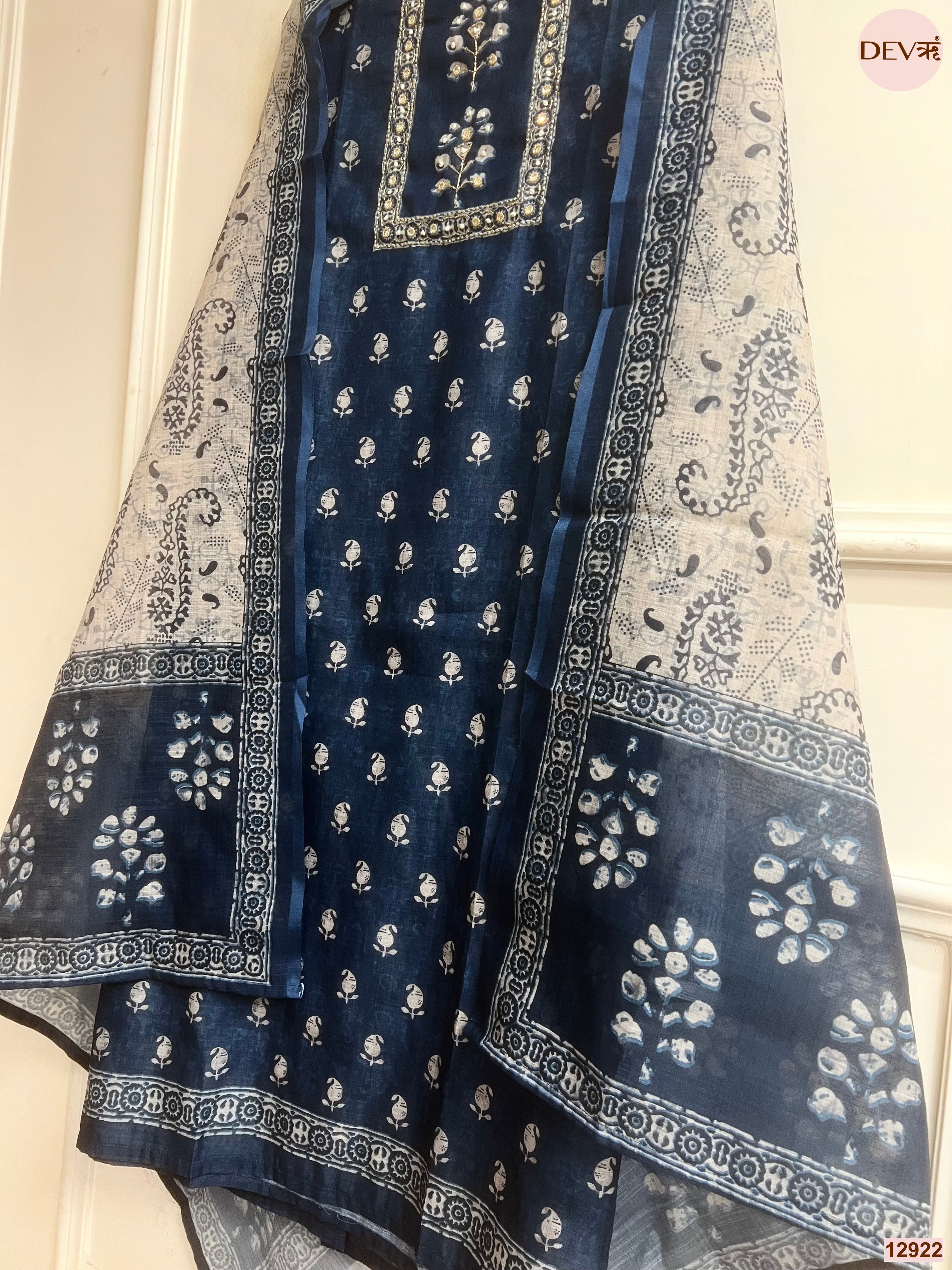 Navy Linen Cotton Printed Unstitched 3-Piece Suit (Devri – D.No 12922)