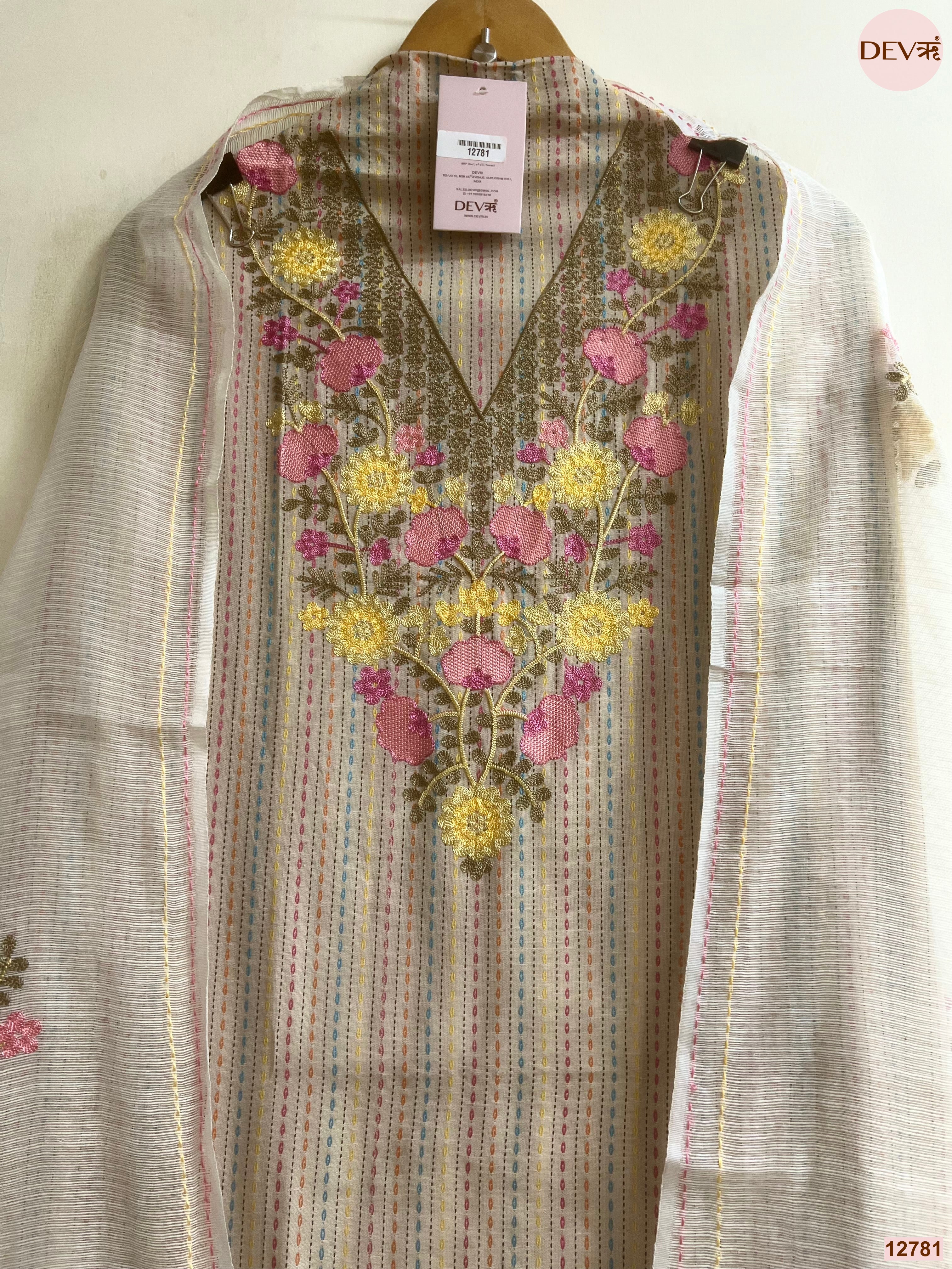 Cream Cotton Handloom Embroidered Unstitched 3-Piece Suit (Devri – D.No 12781)