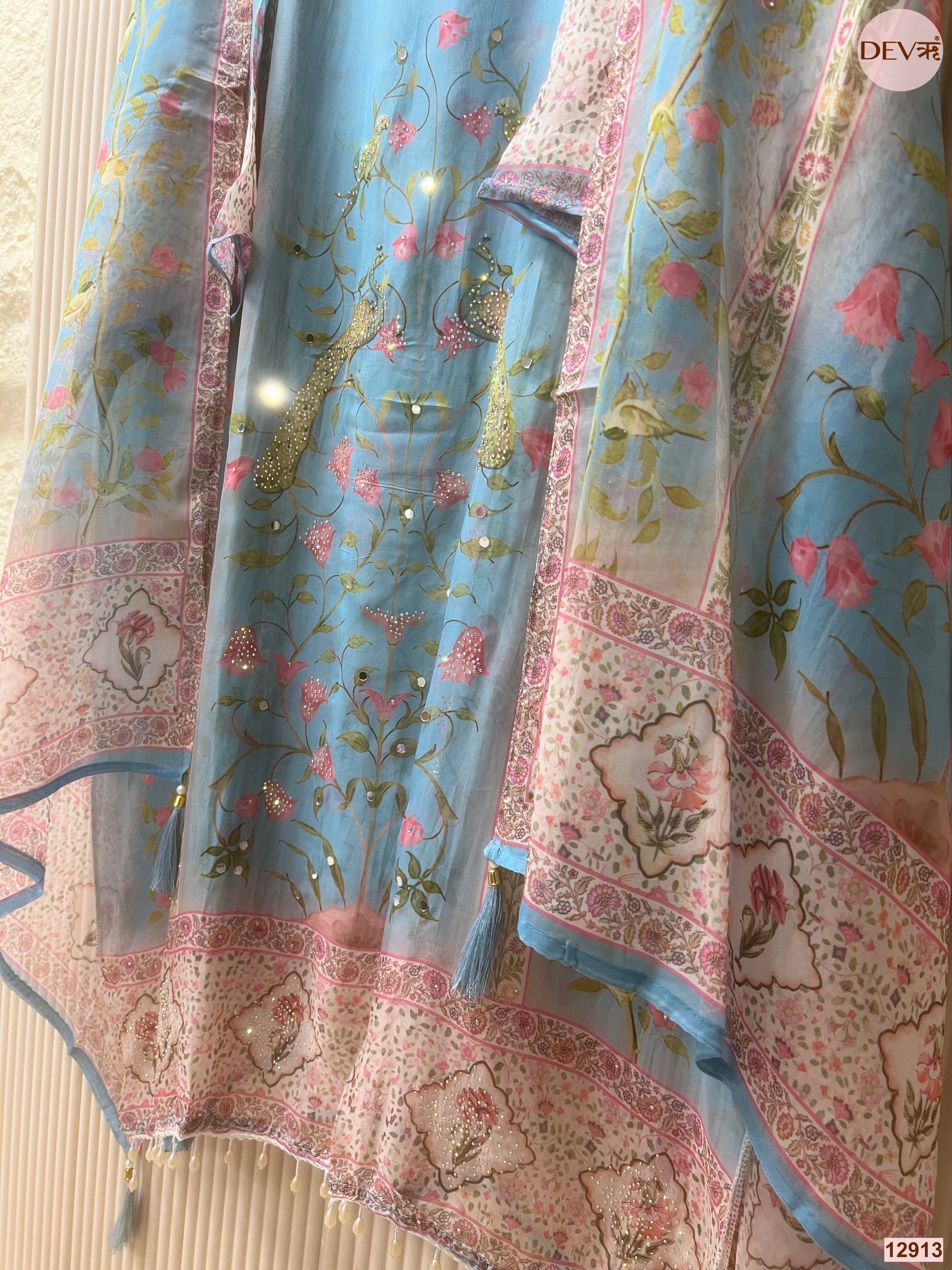Blue Organza Printed Unstitched 3-Piece Suit (Devri – D.No 12913)