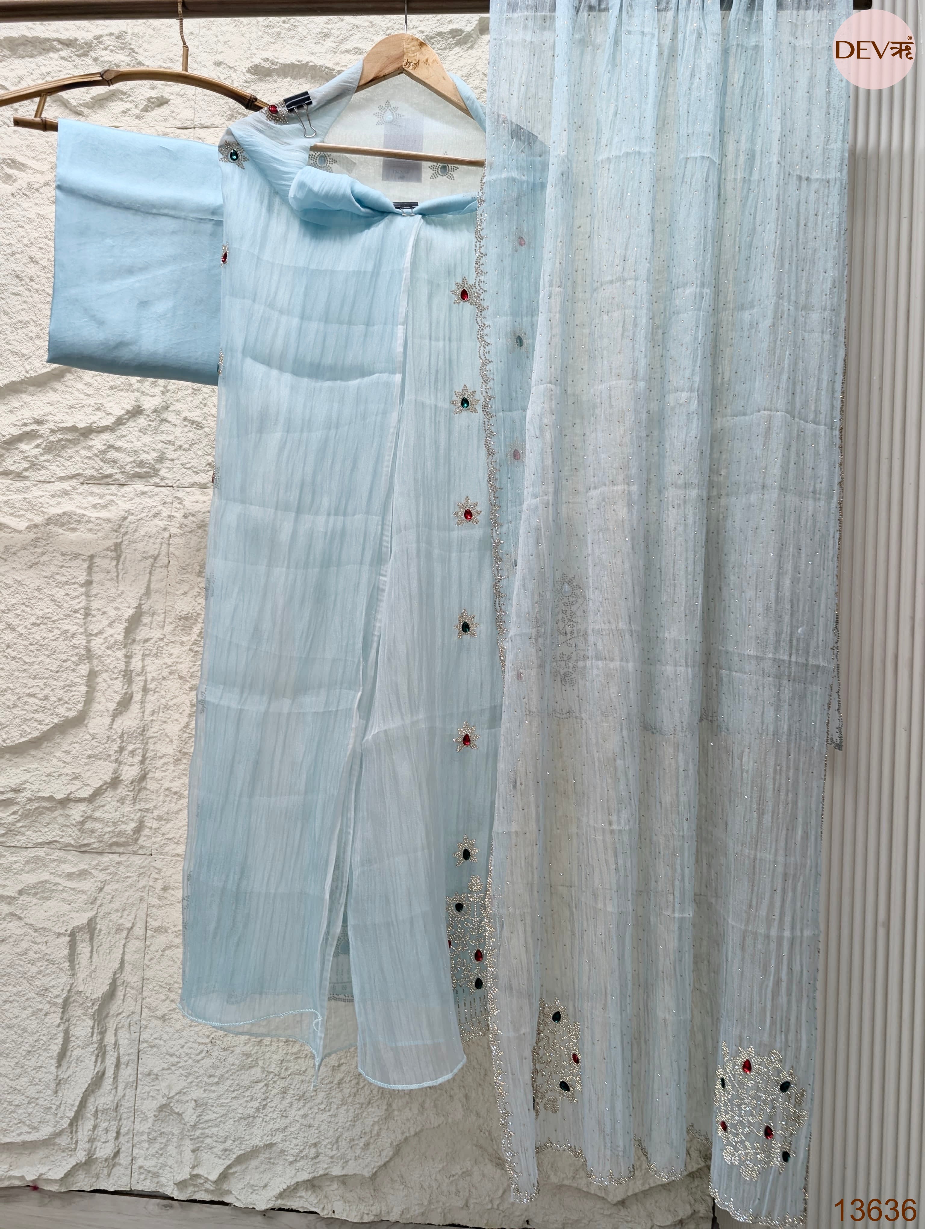 Blue Pure Organza Silk Hand Unstitched 3-Piece Suit (Devri – D.No 13636)