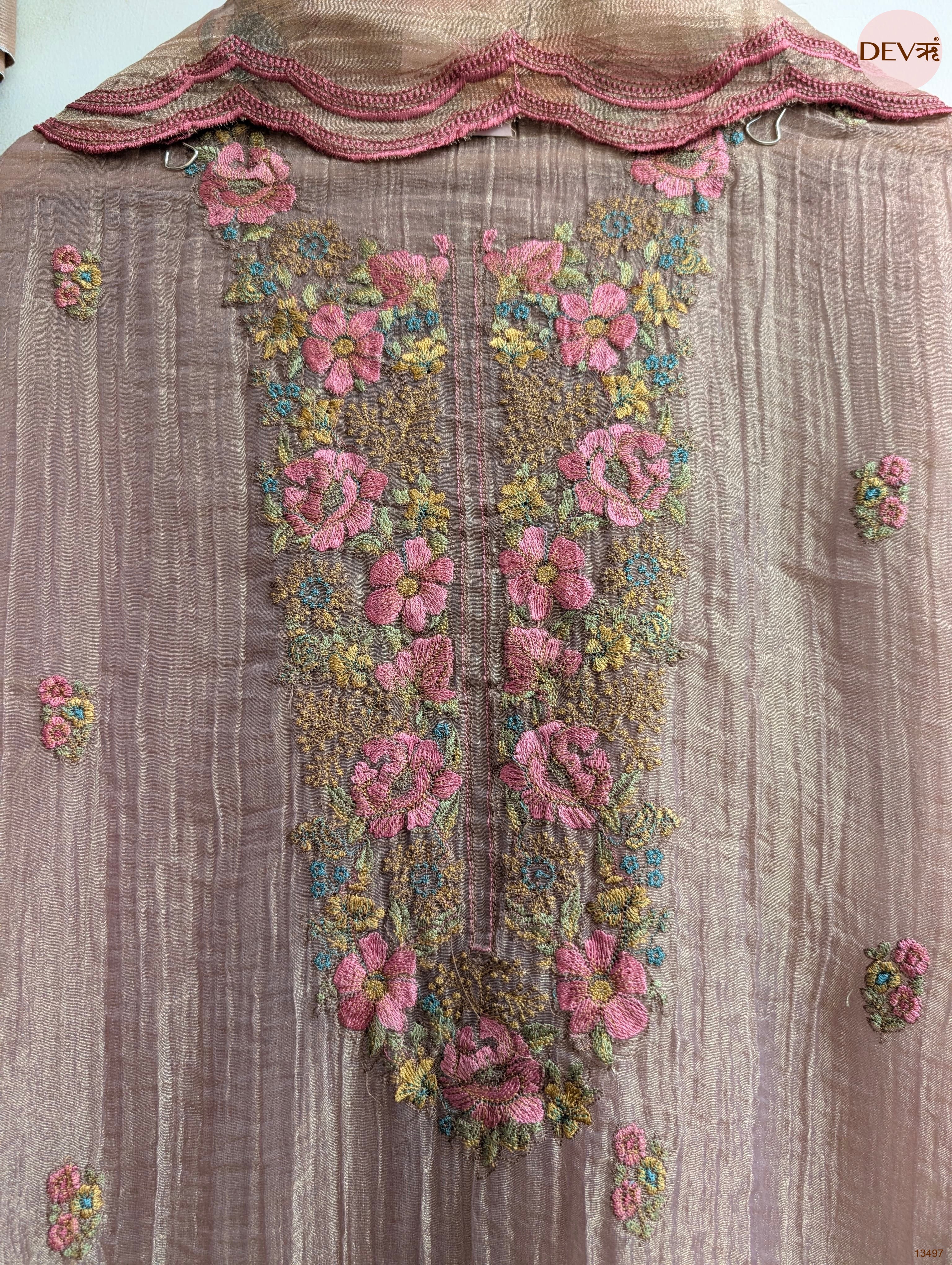 Taupe Tissue Crush Silk Embroidered Unstitched 3-Piece Suit (Devri – D.No 13497)