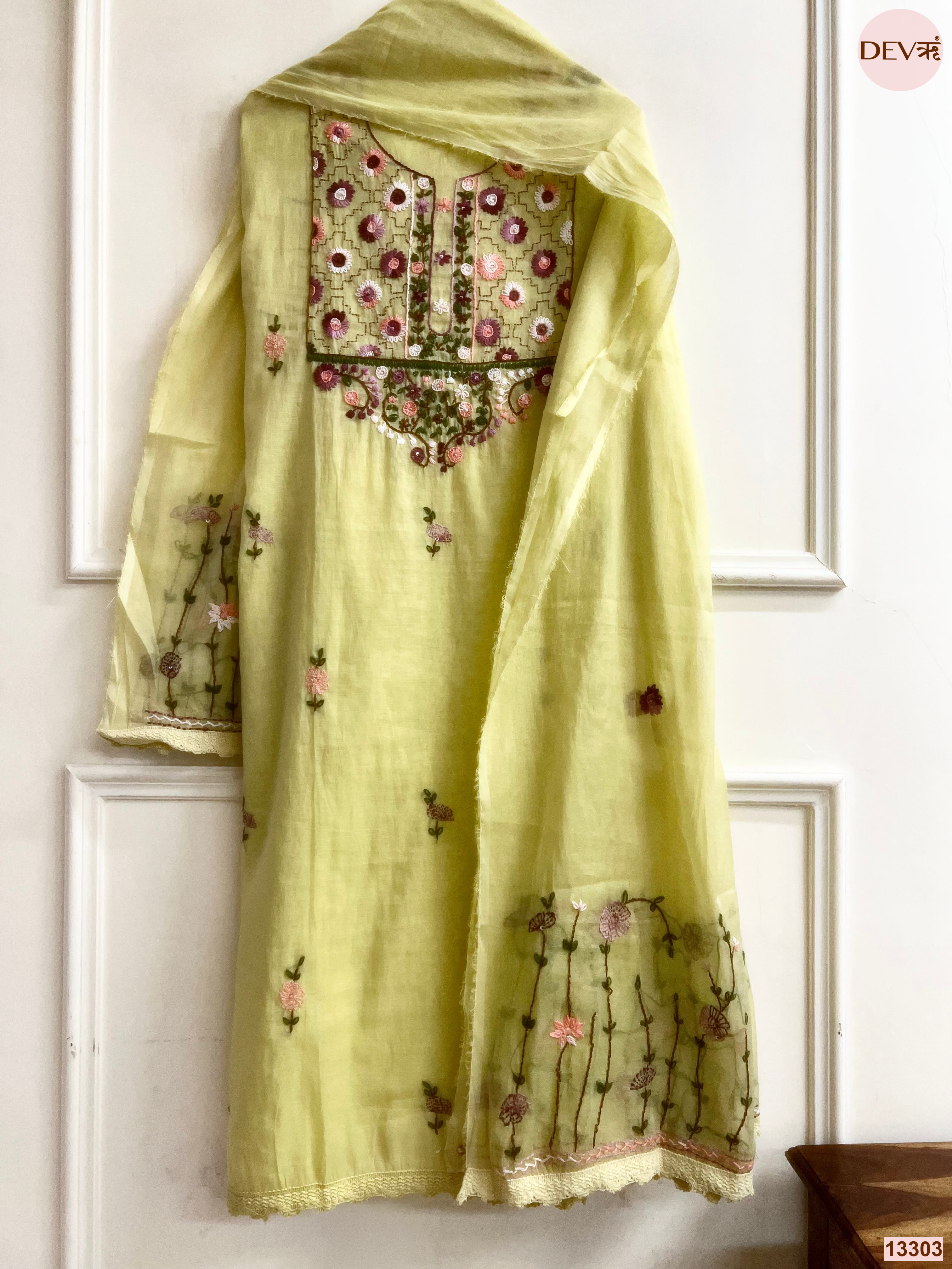 Yellow Mul Chanderi Embroidered Unstitched 3-Piece Suit (Devri – D.No 13303)
