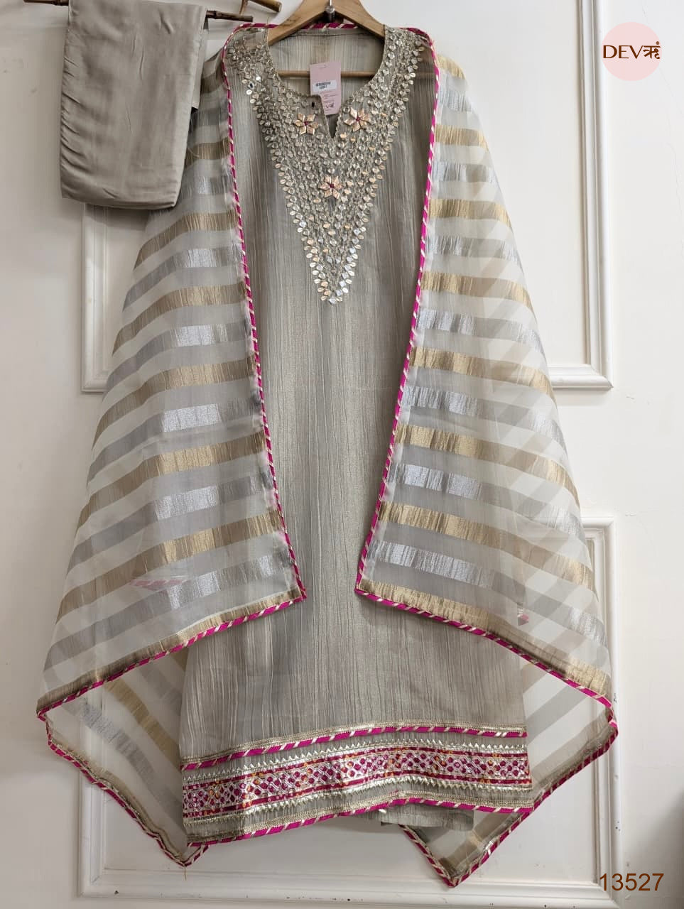 Grey Tissue Silk Embroidered Unstitched 3-Piece Suit (Devri – D.No 13527)