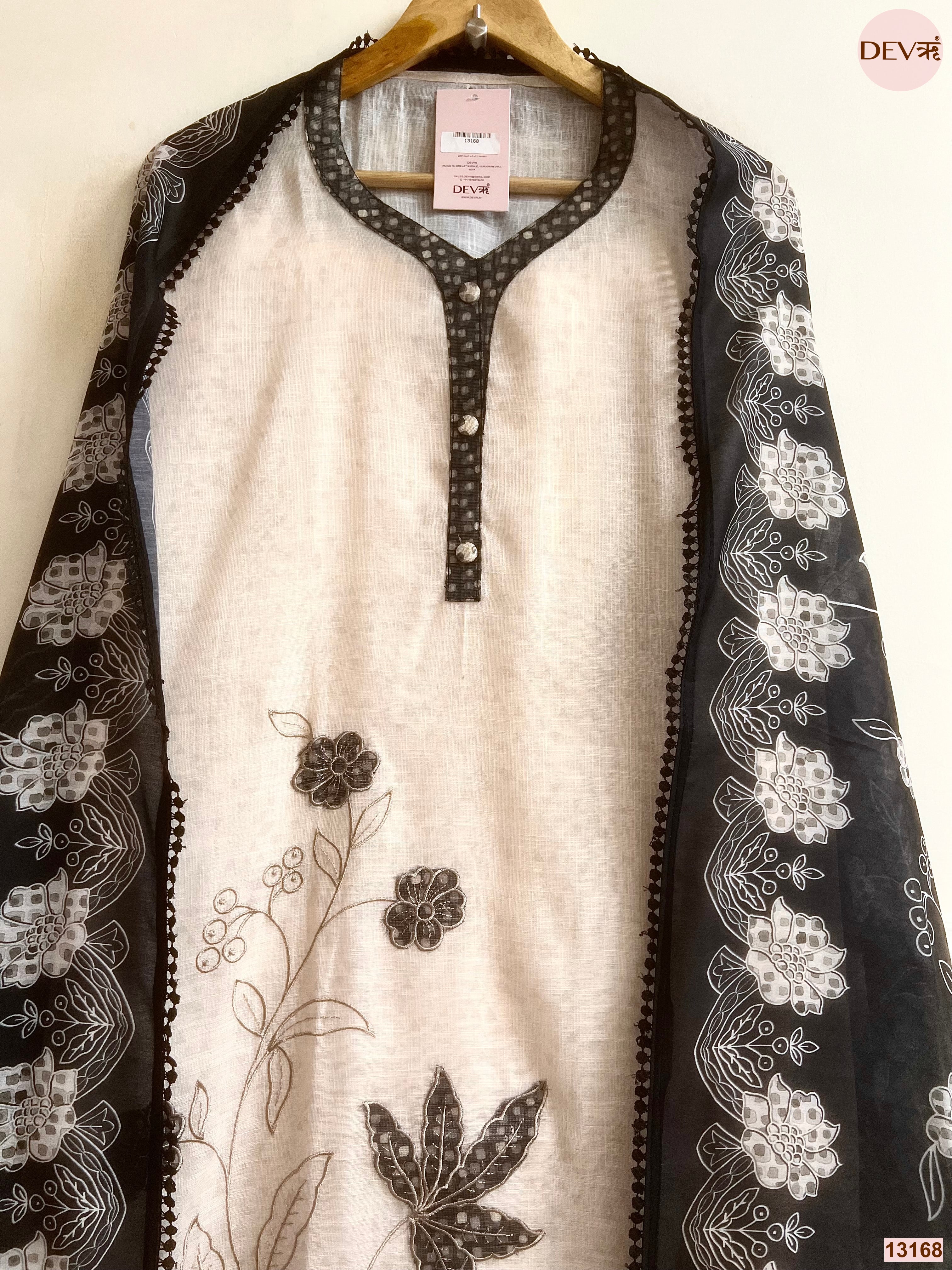 Cream Linen Cotton Printed Unstitched 3-Piece Suit (Devri – D.No 13168)
