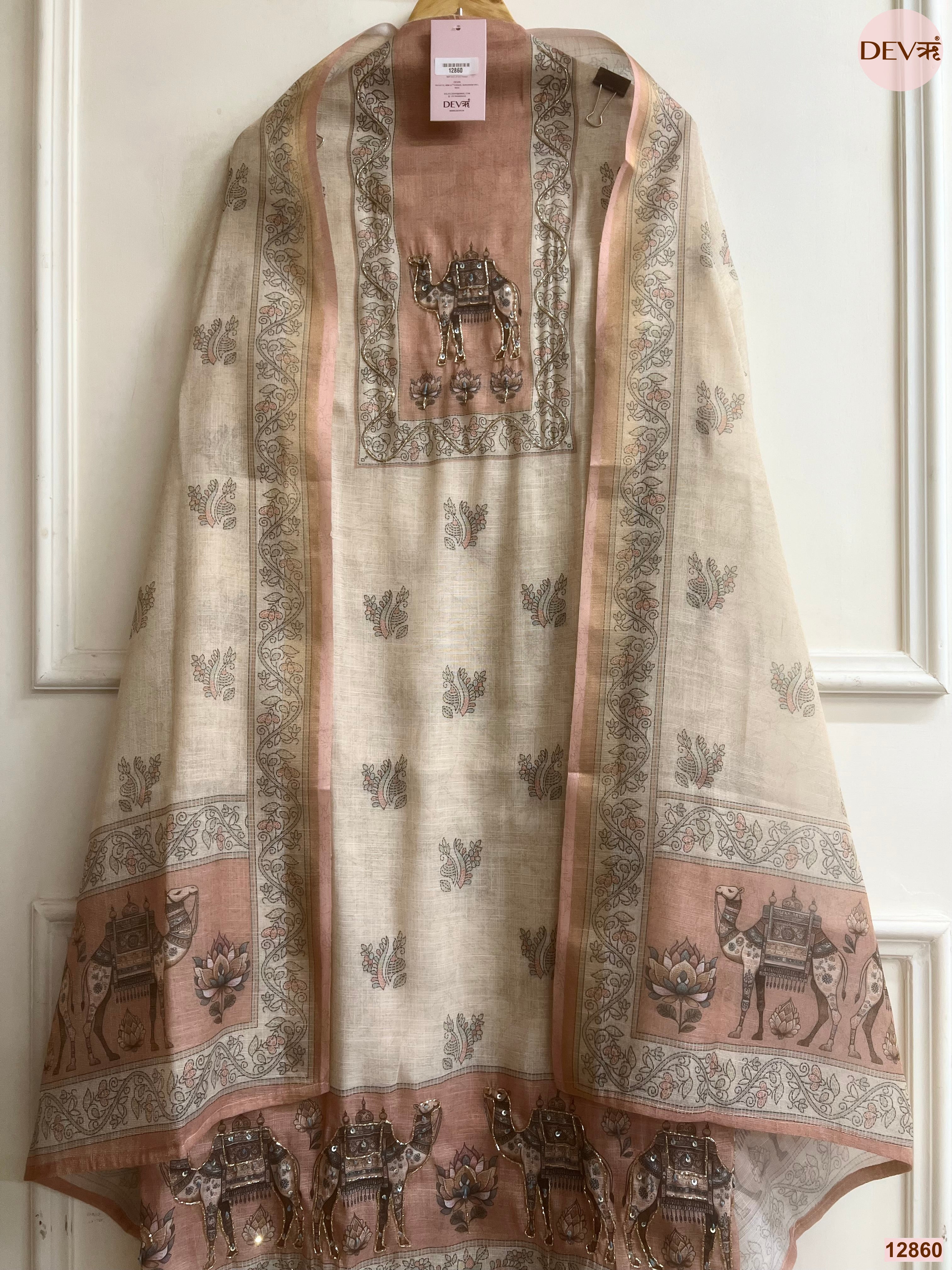 Beige Linen Cotton Printed Unstitched 3-Piece Suit (Devri – D.No 12860)