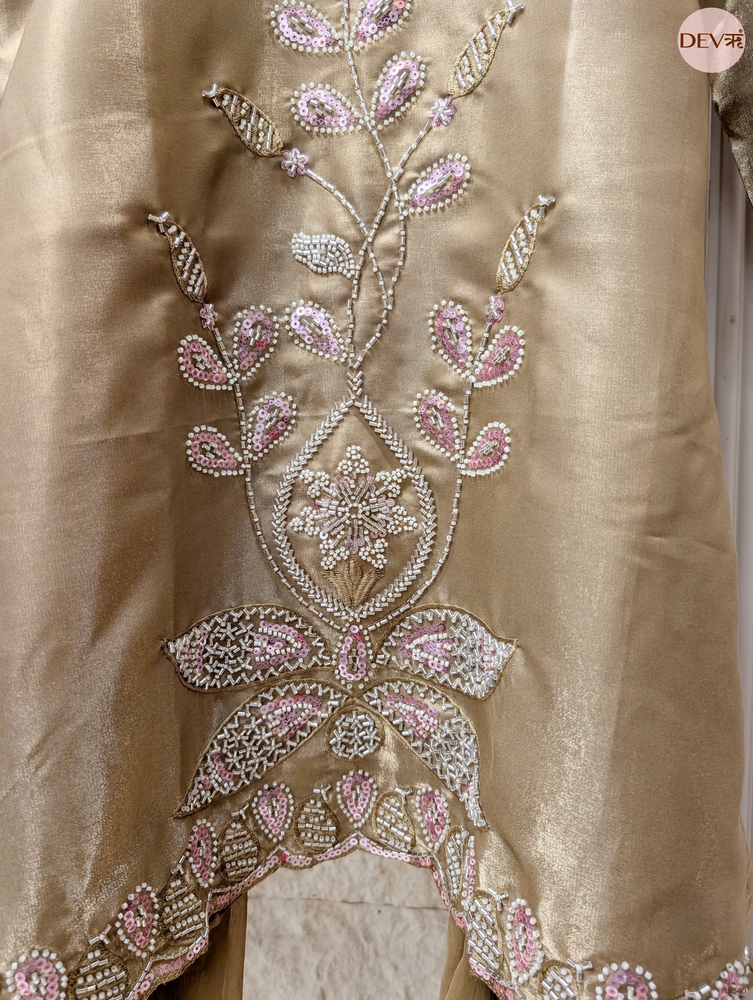 Zareen Roman Glass Silk Embroidered Gold 3-Piece Set (Devri – D.No 13540)