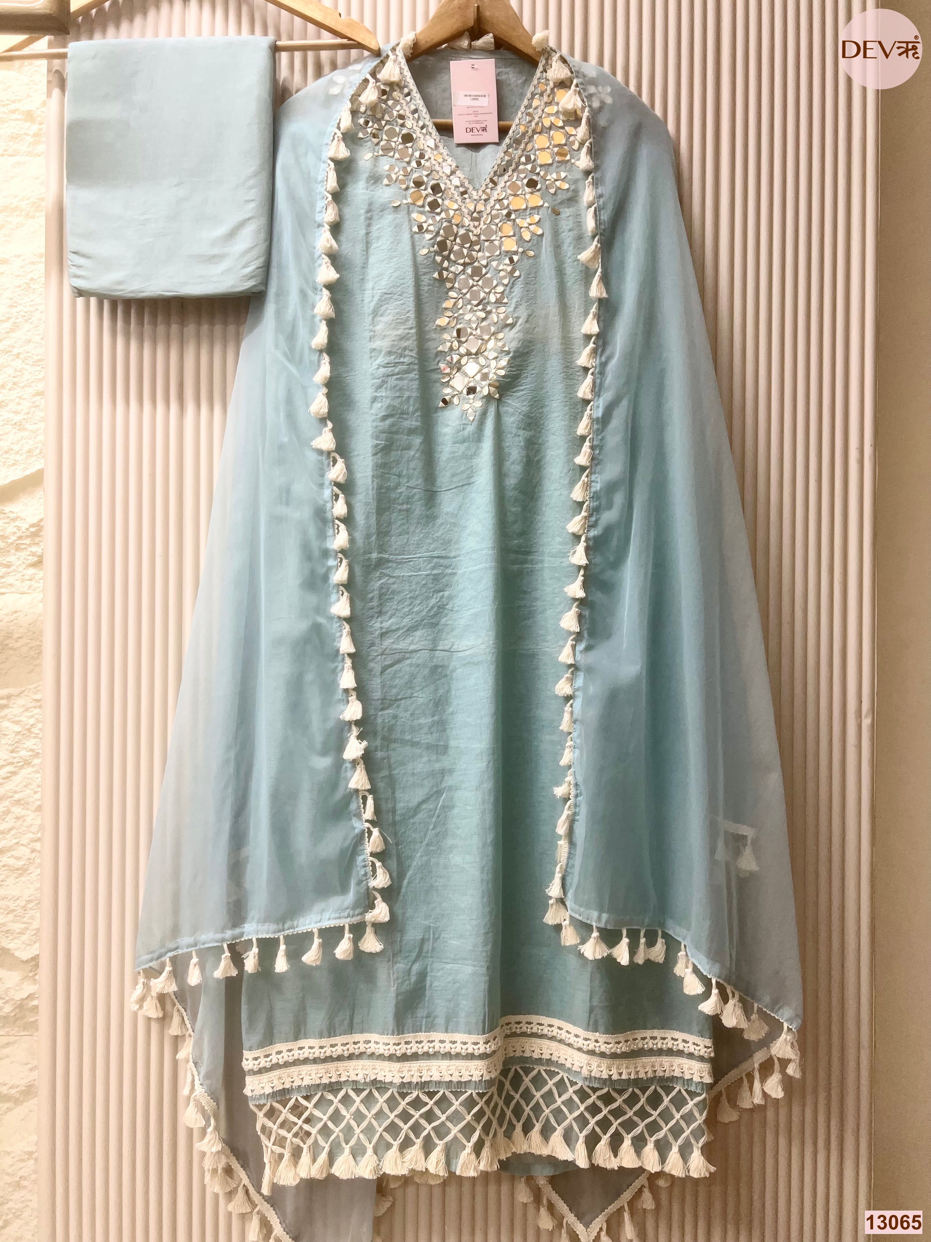 Blue Mul Cotton Hand Unstitched 3-Piece Suit (Devri – D.No 13065)