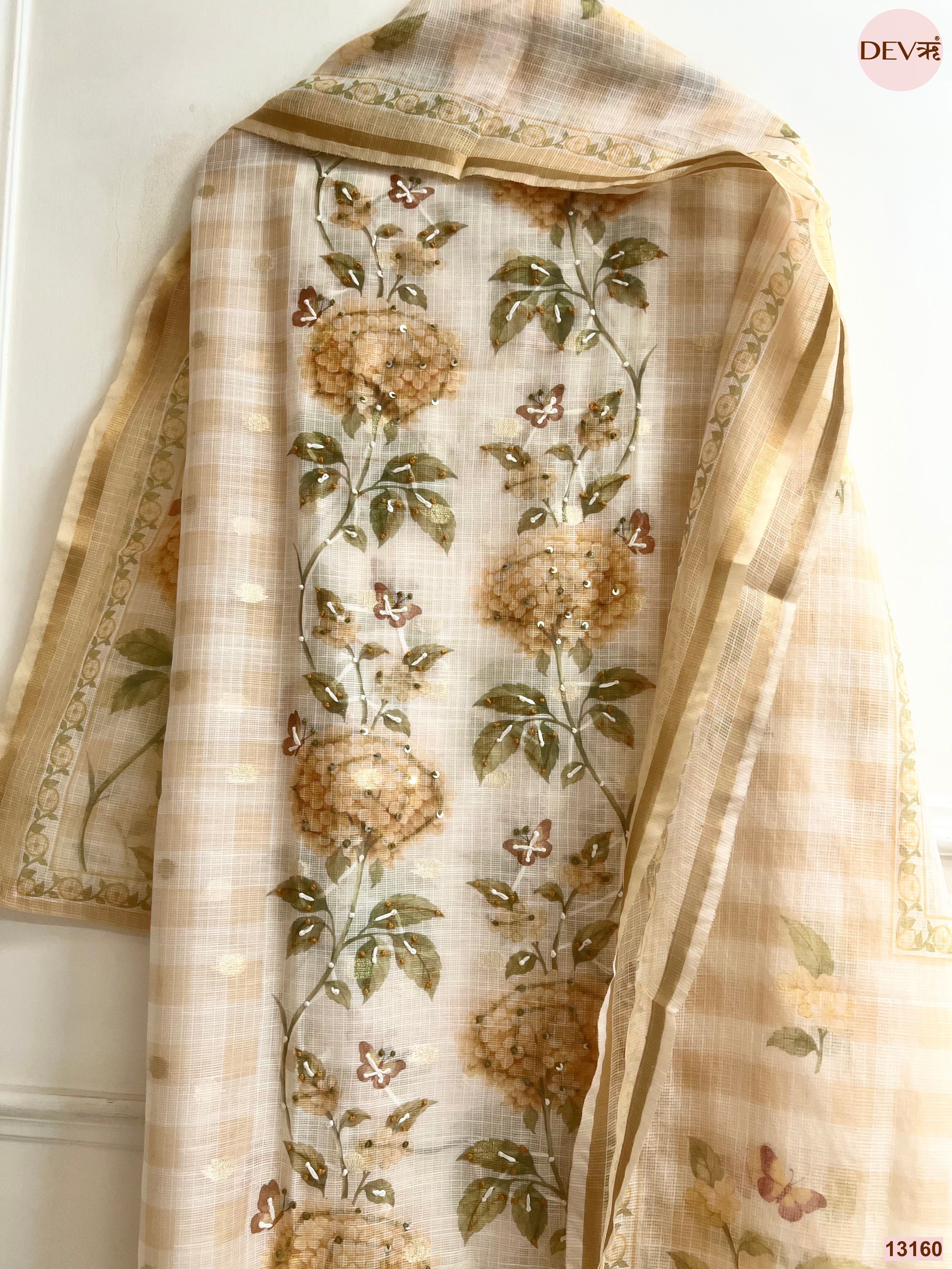 Beige Kota Printed Unstitched 3-Piece Suit (Devri – D.No 13160)