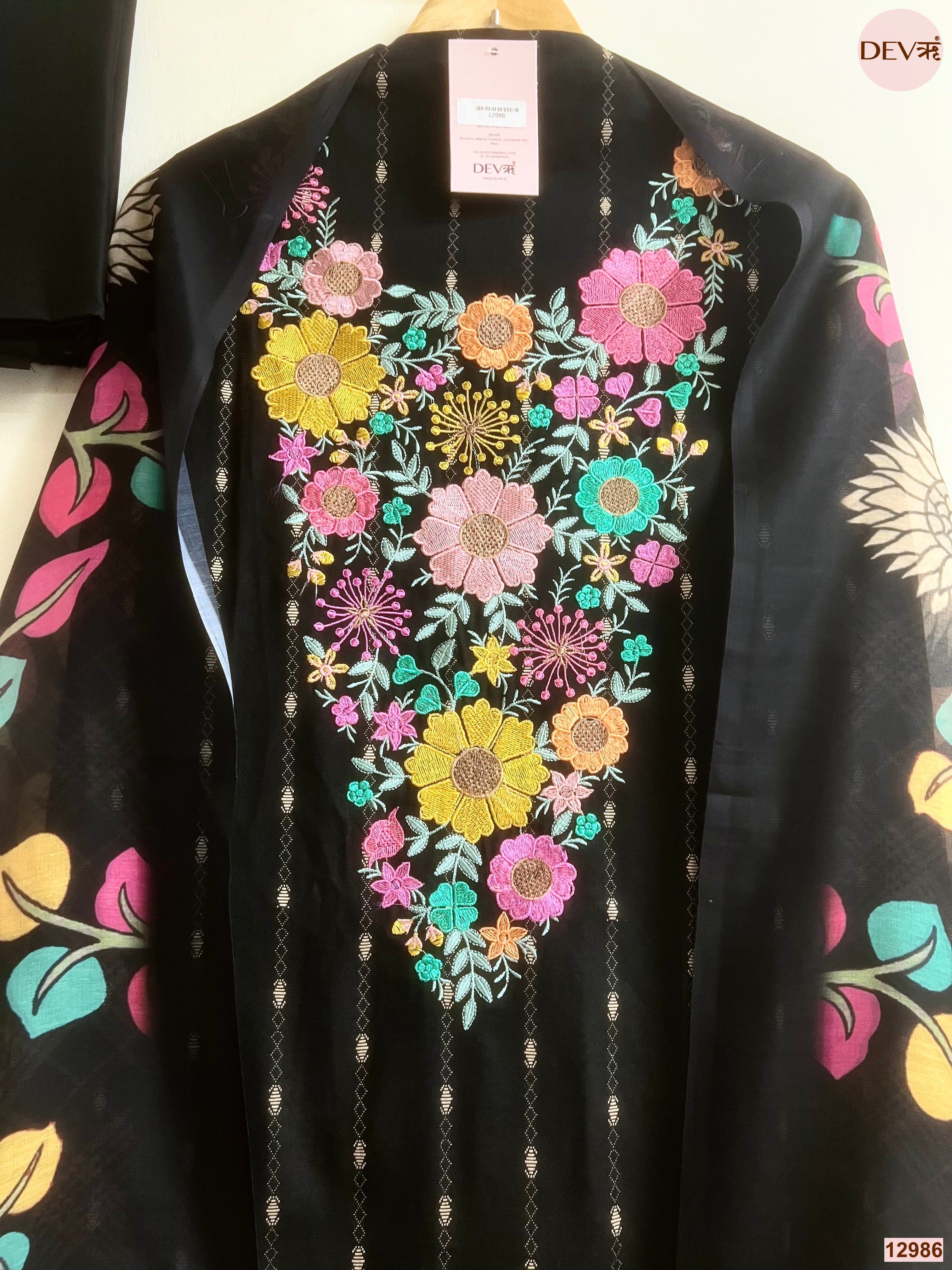 Black Cotton Handloom Printed Unstitched 3-Piece Suit (Devri – D.No 12986)