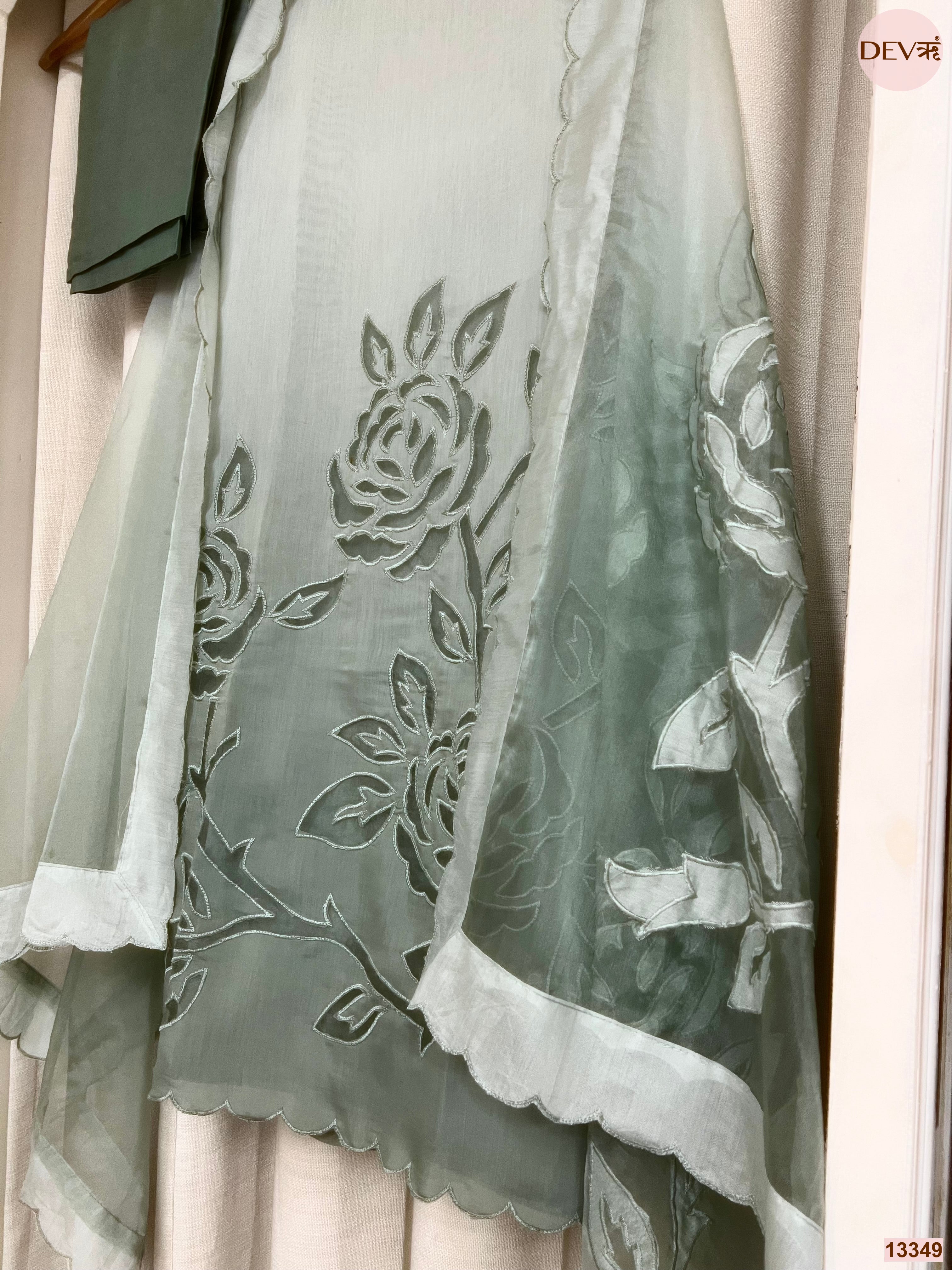 Sage Mul Chanderi Embroidered Unstitched 3-Piece Suit (Devri – D.No 13349)