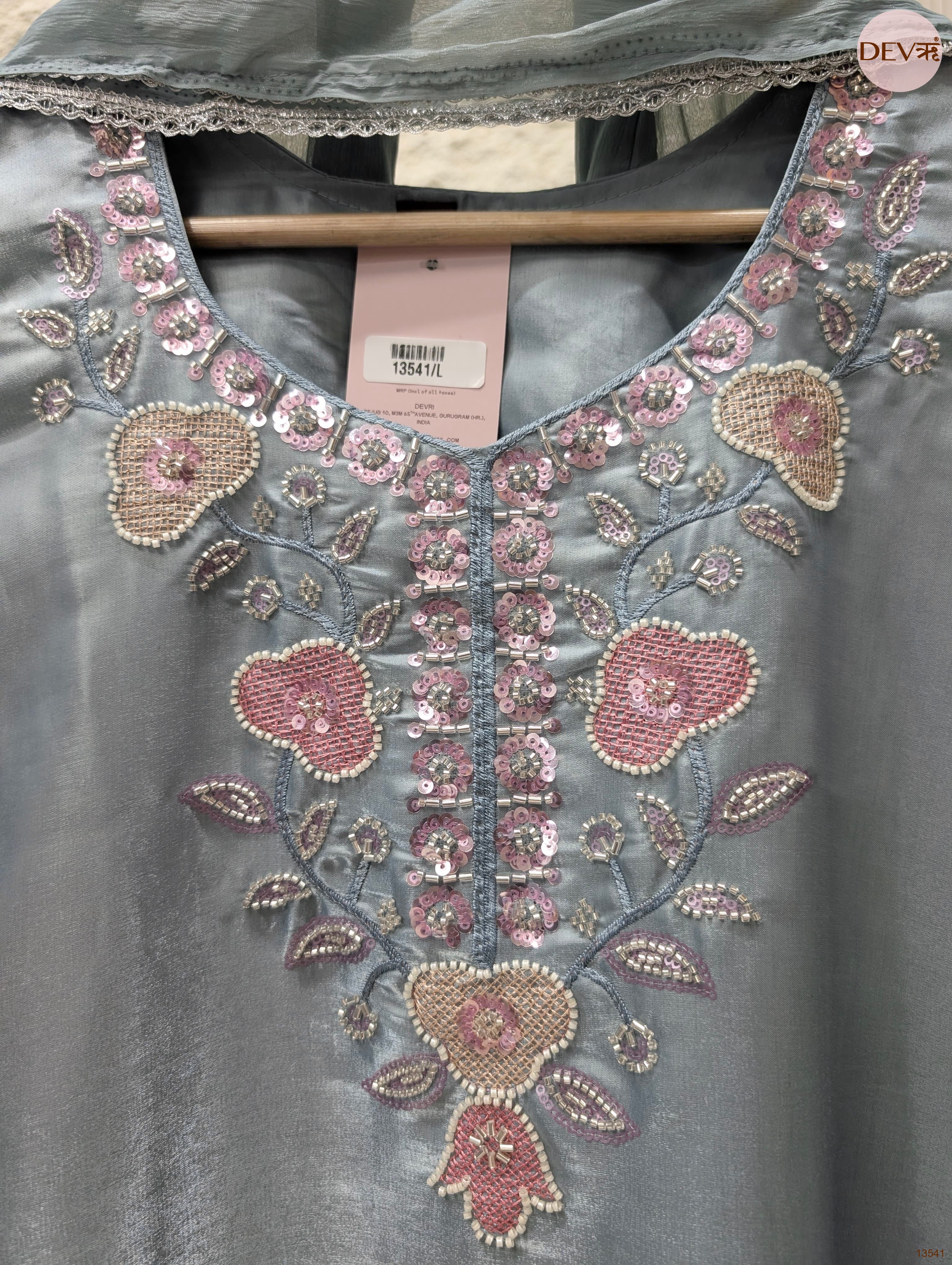 Gulnaar Roman Glass Silk Embroidered Grey 3-Piece Set (Devri – D.No 13541)