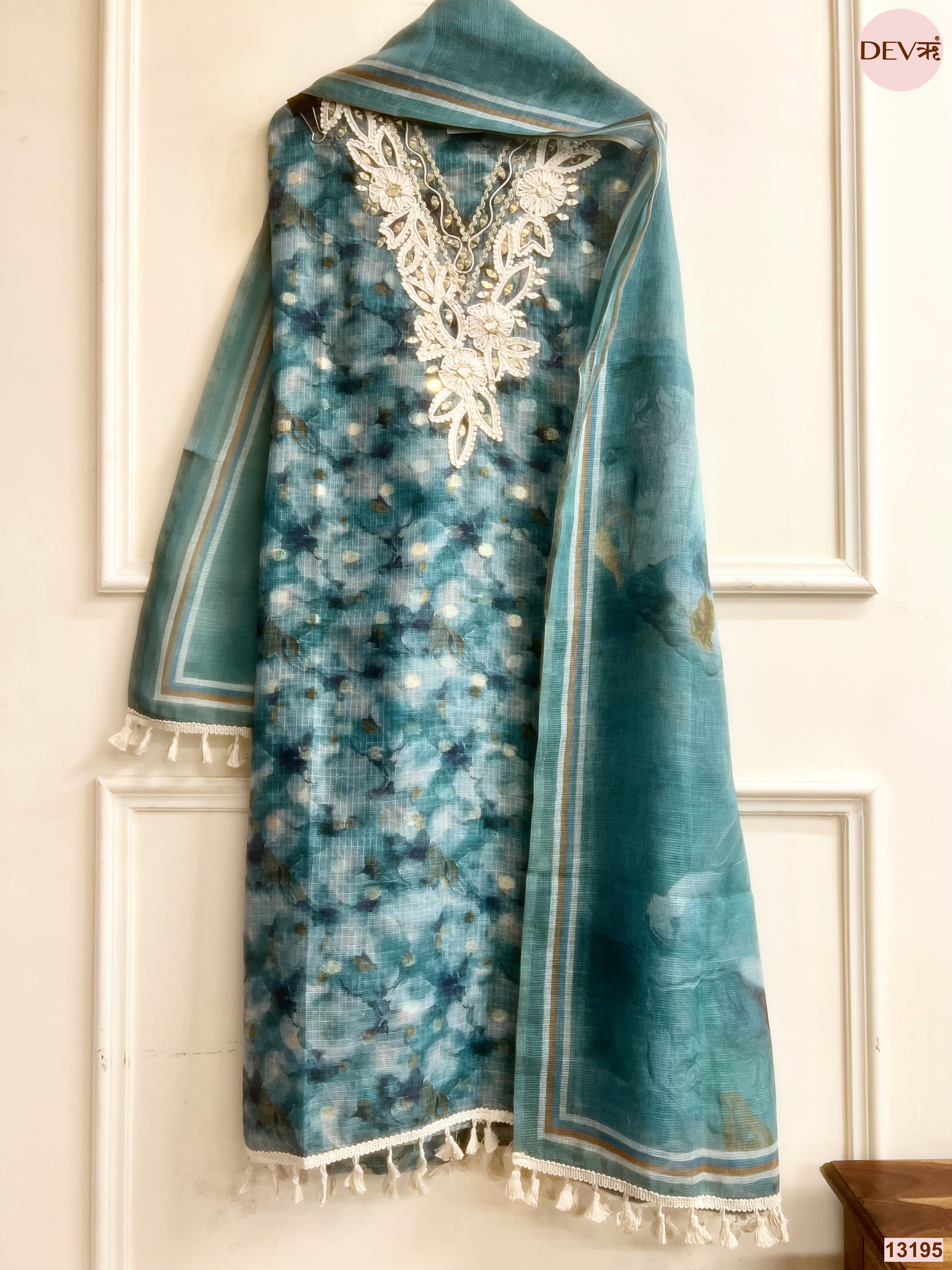 Teal Kota Zari Embroidered Unstitched 3-Piece Suit (Devri – D.No 13195)