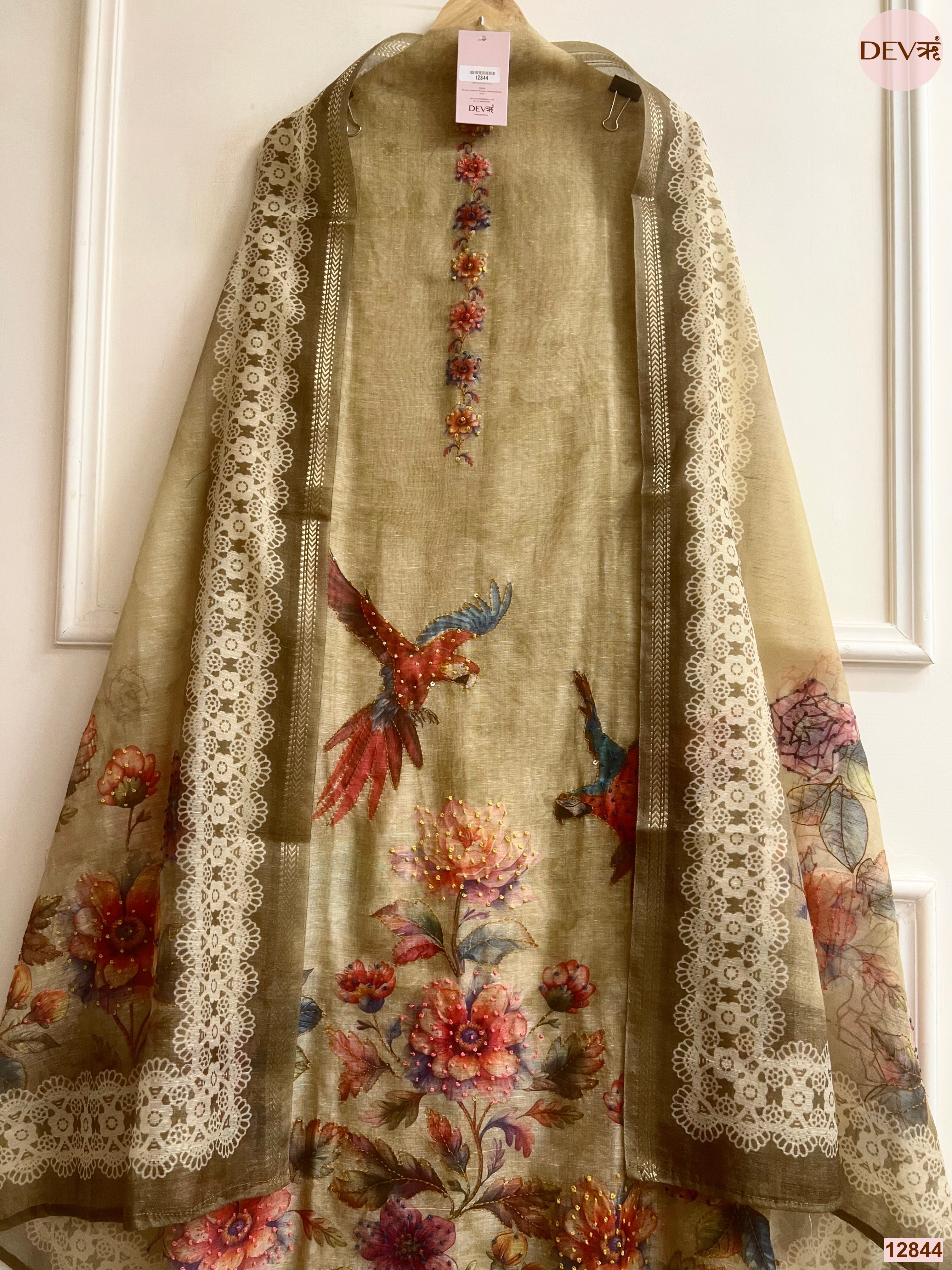 Olive Mul Chanderi Printed Unstitched 3-Piece Suit (Devri – D.No 12844)