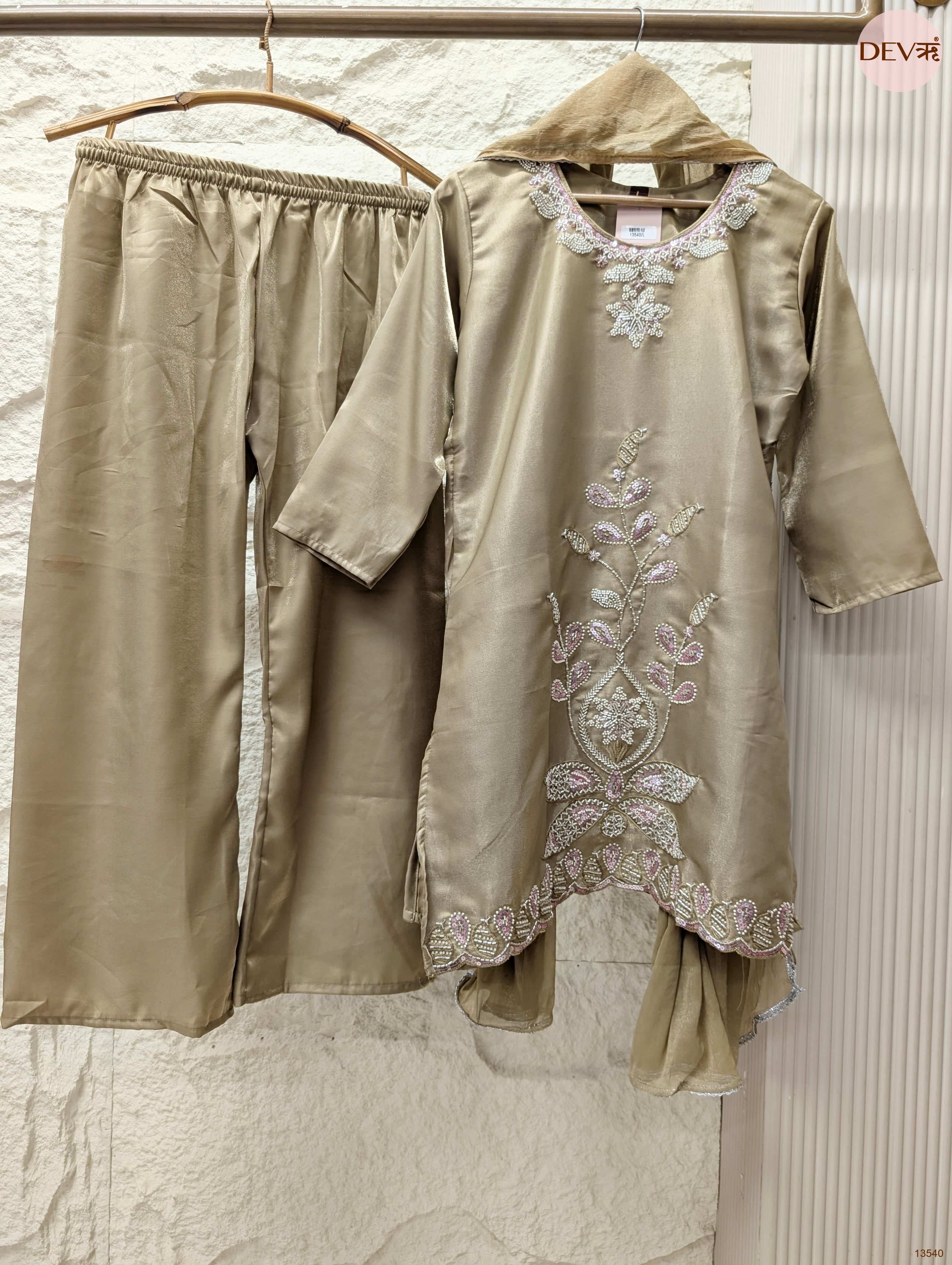Zareen Roman Glass Silk Embroidered Gold 3-Piece Set (Devri – D.No 13540)