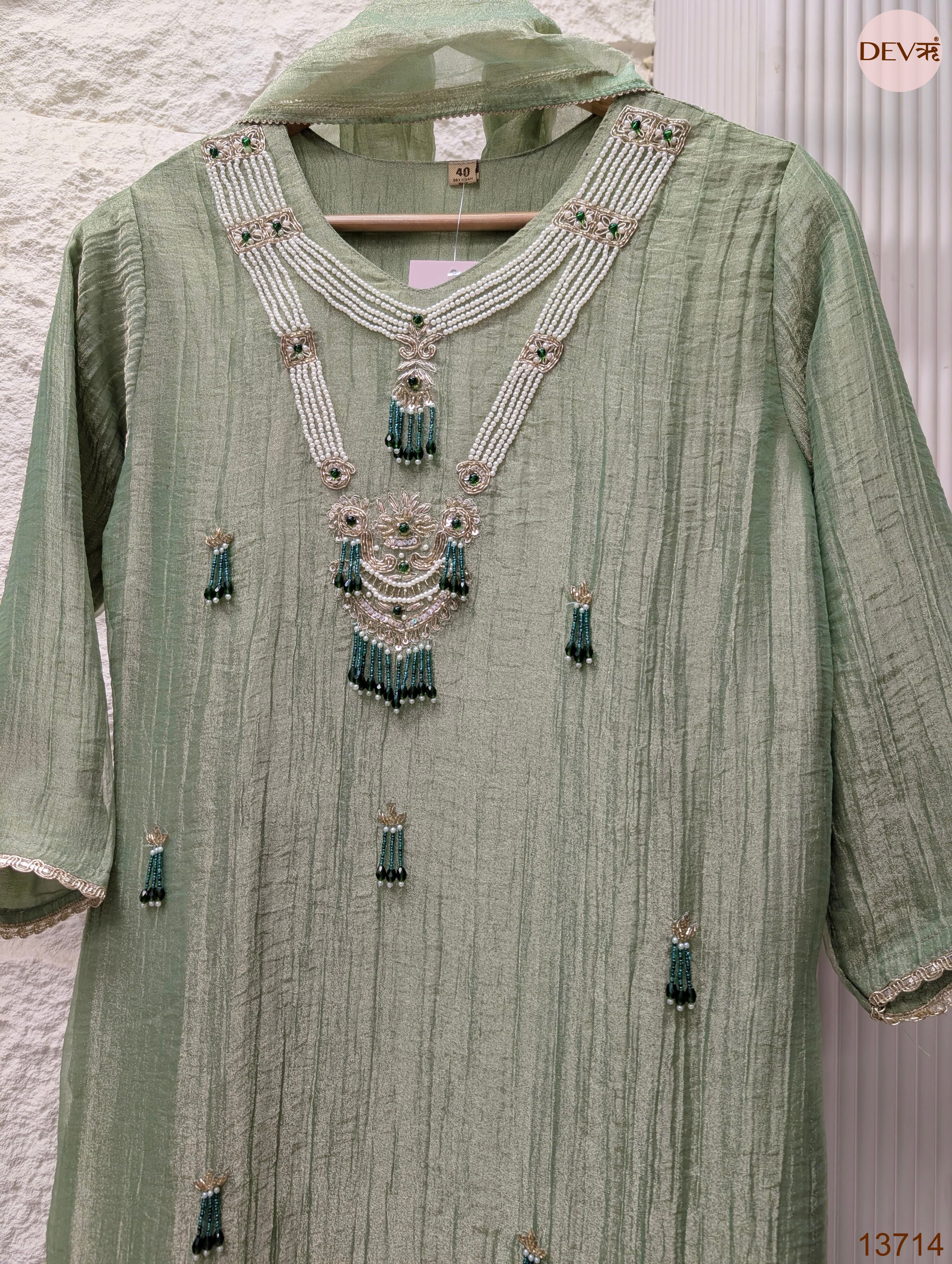 Gulnaar Tissue crush silk Embroidered Sage Green 3-Piece Set (Devri – D.No 13714)
