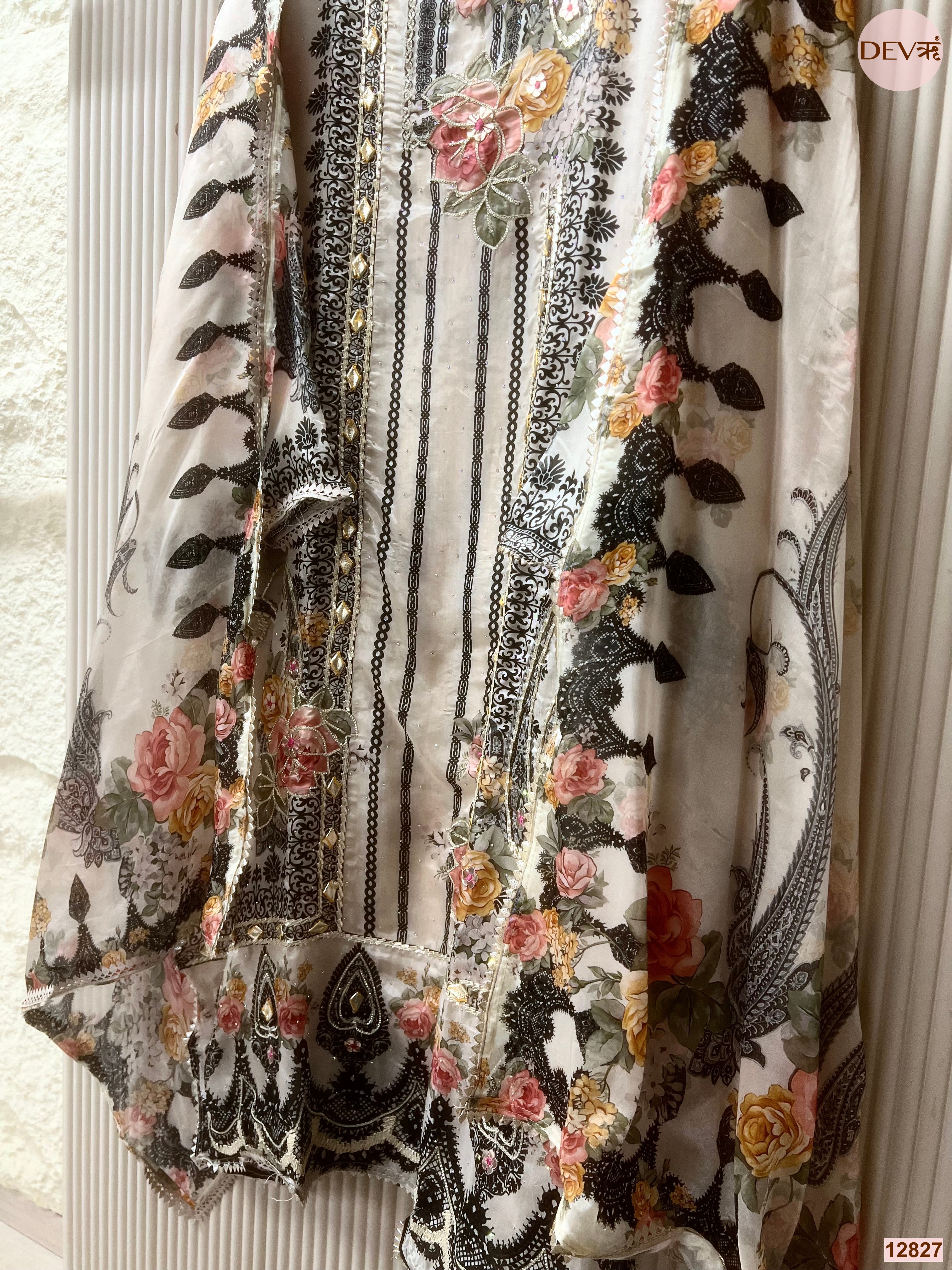 White Glass Organza Silk Printed Unstitched 3-Piece Suit (Devri – D.No 12827)