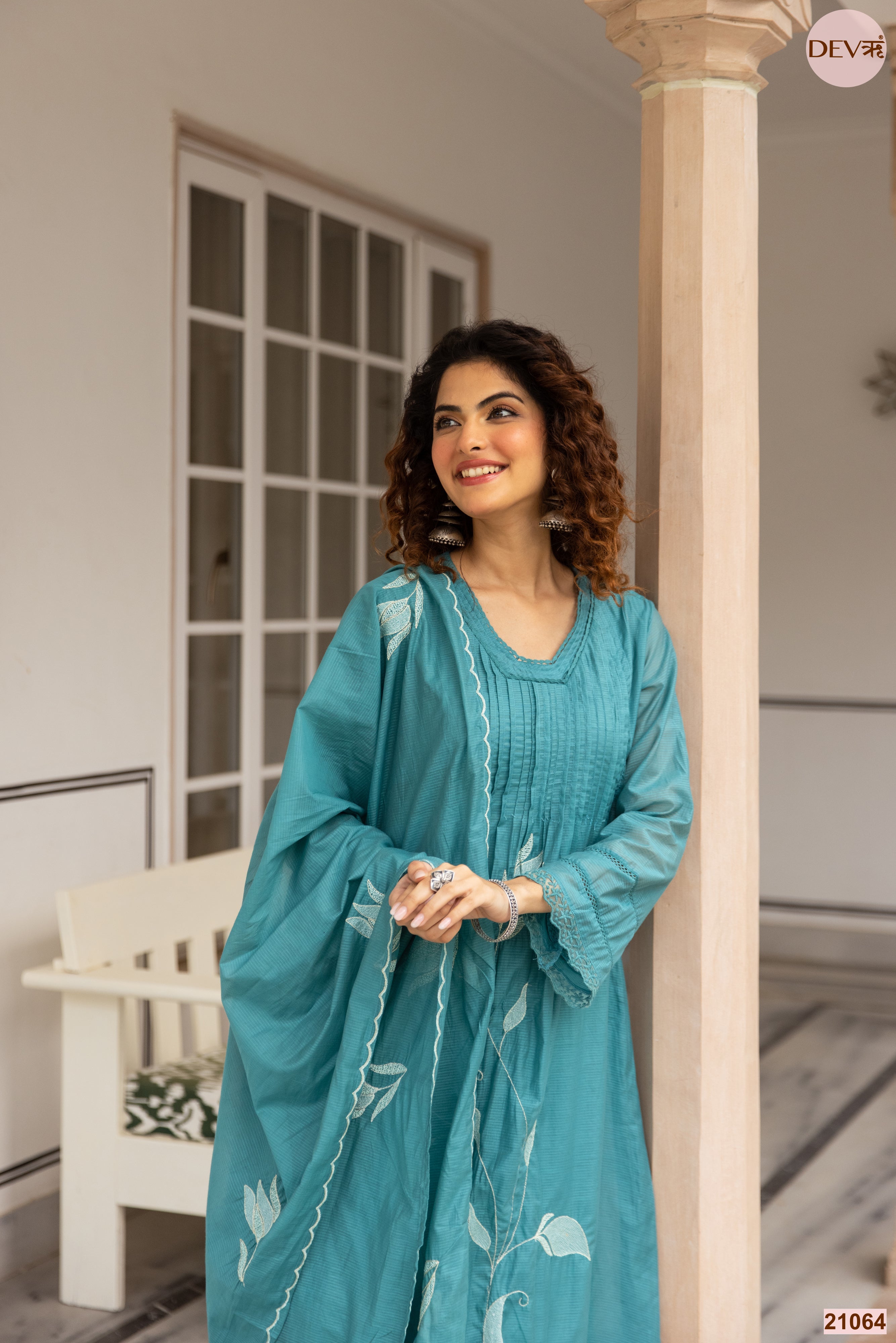 Neelambara Mul cotton Embroidered Teal 3-Piece Set (Devri – D.No 21064)