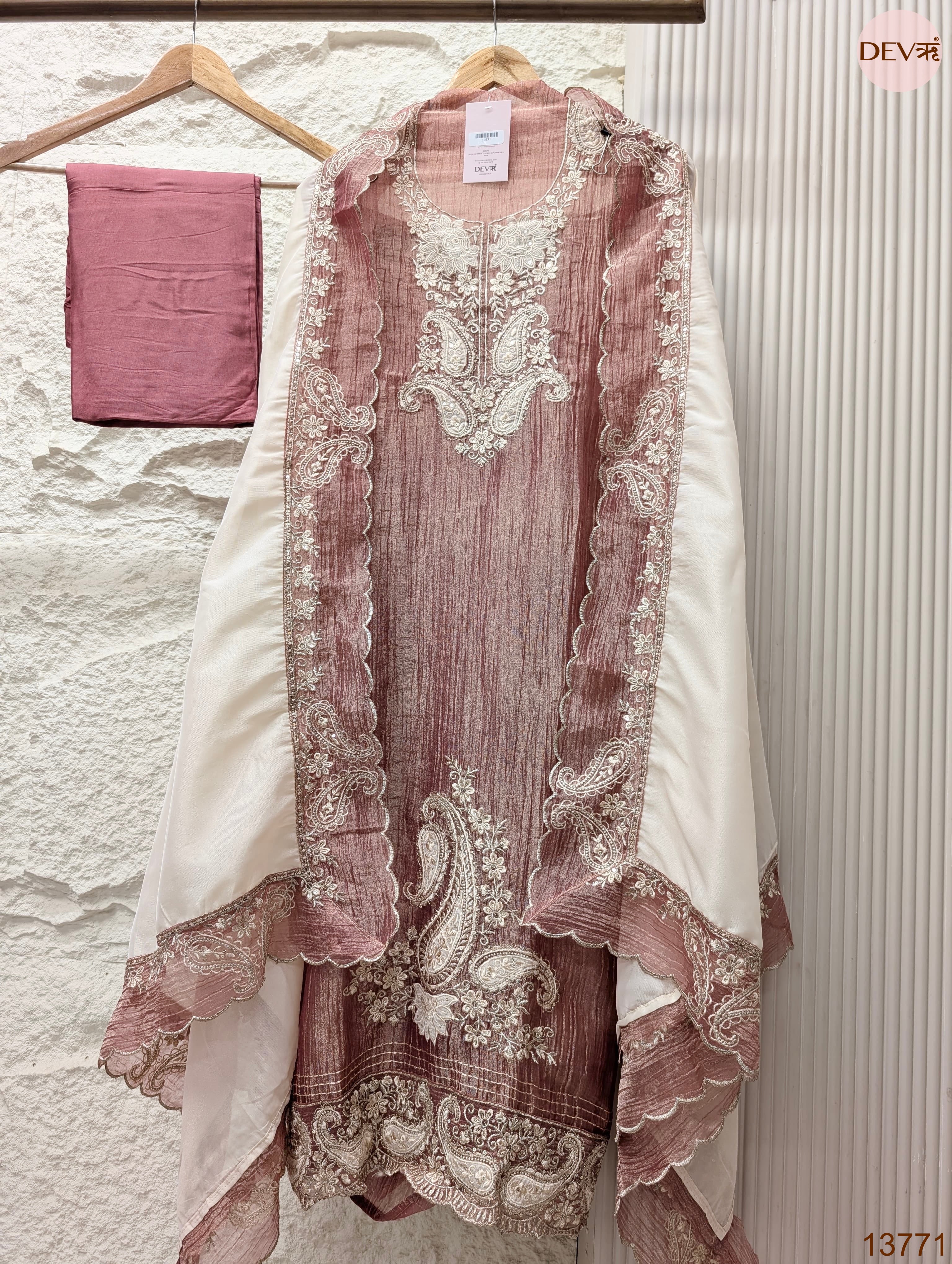 Mauve Pure Tissue Silk Embroidered Unstitched 3-Piece Suit (Devri – D.No 13771)
