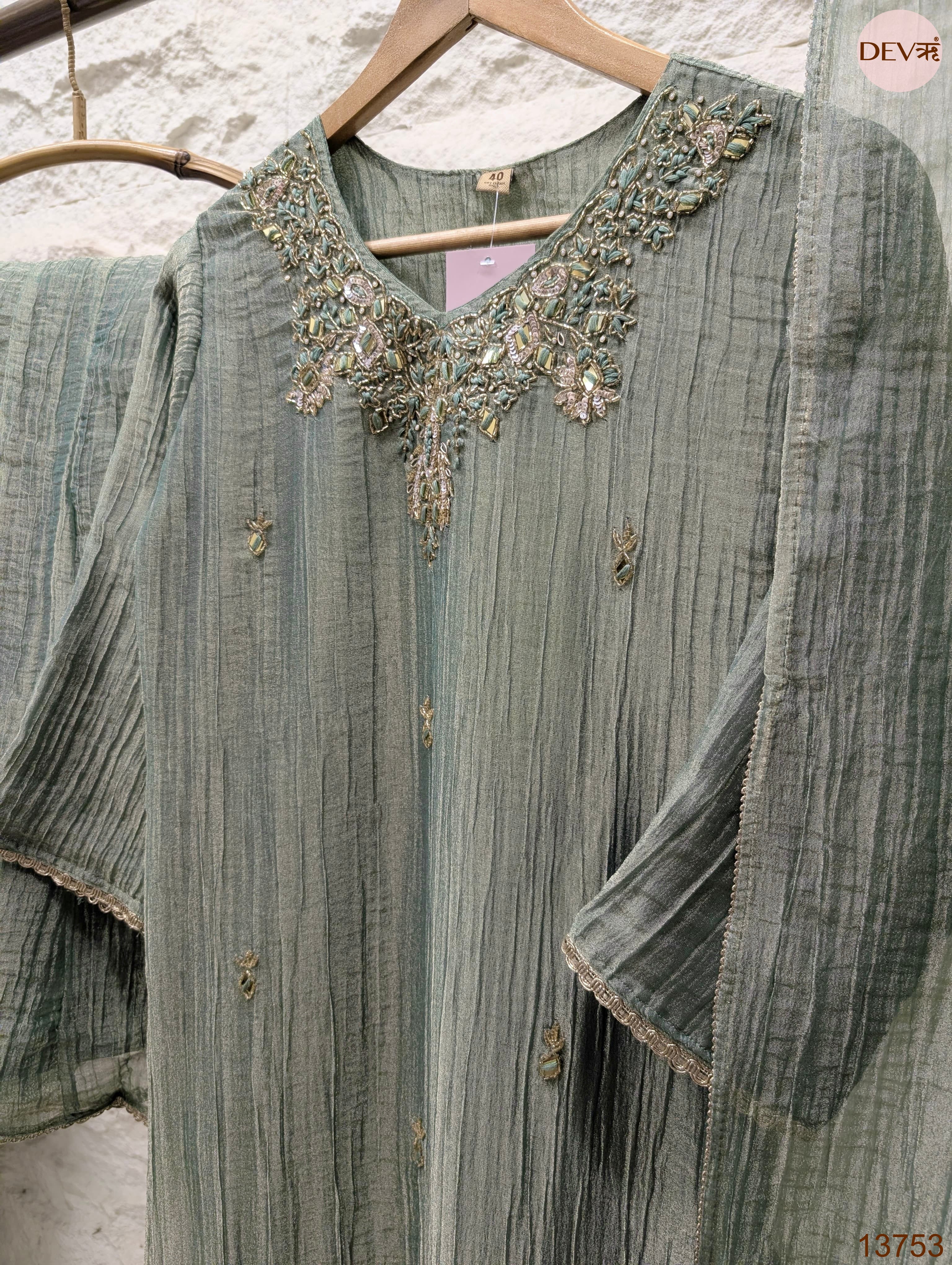 Gulnaar Tissue crush silk Embroidered Sage Green 3-Piece Set (Devri – D.No 13753)
