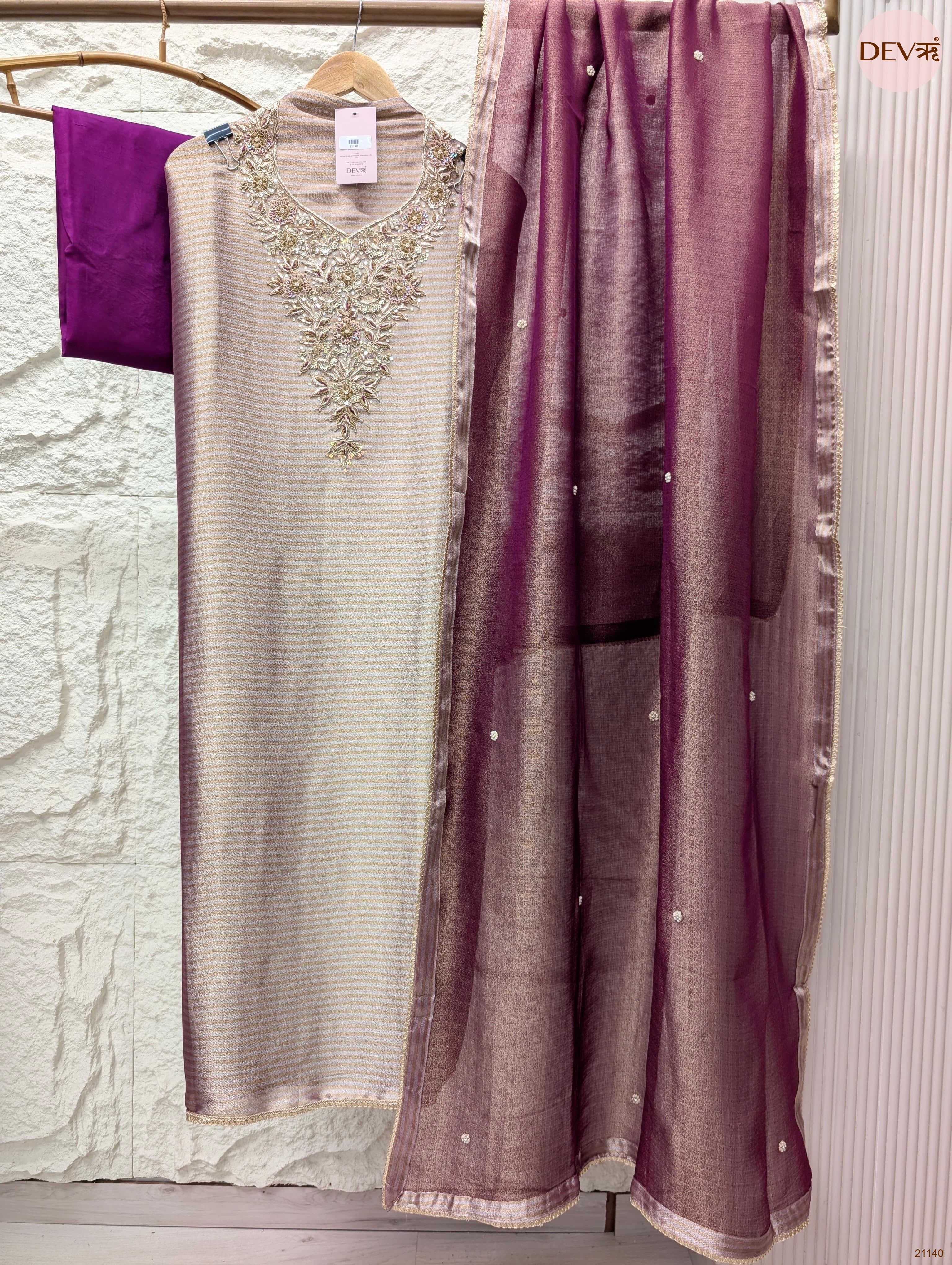 Gold Pure Tissue Silk Embroidered Unstitched 3-Piece Suit (Devri – D.No 21140)