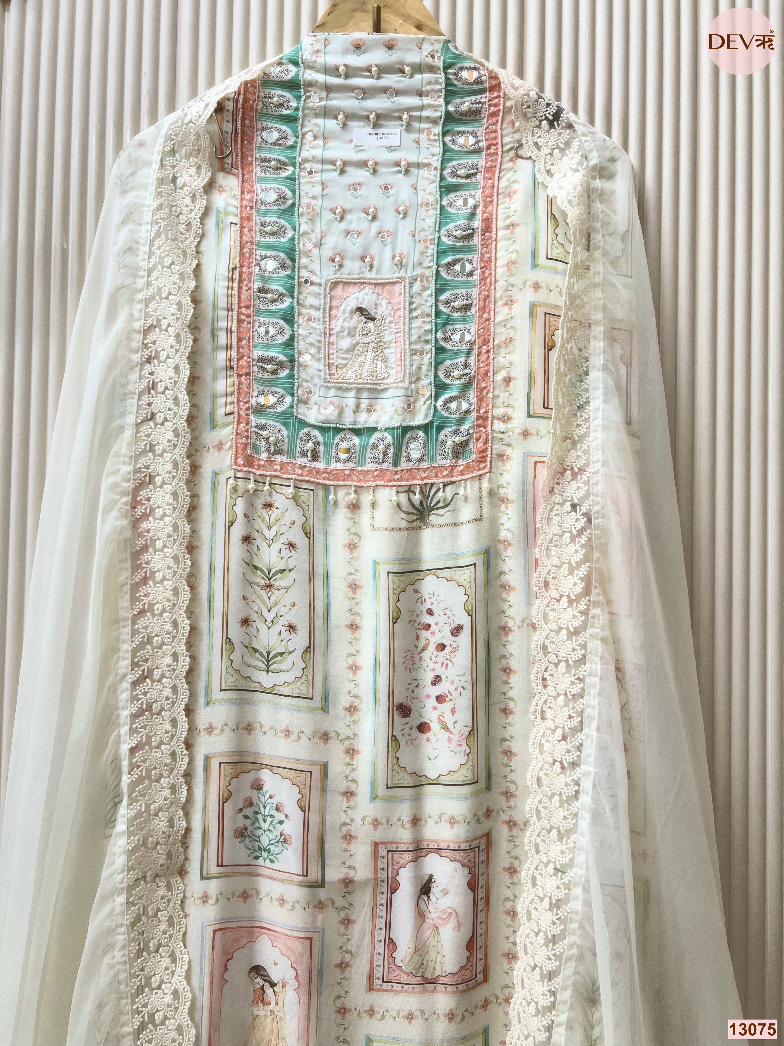 Cream Muslin Printed Unstitched 3-Piece Suit (Devri – D.No 13075)