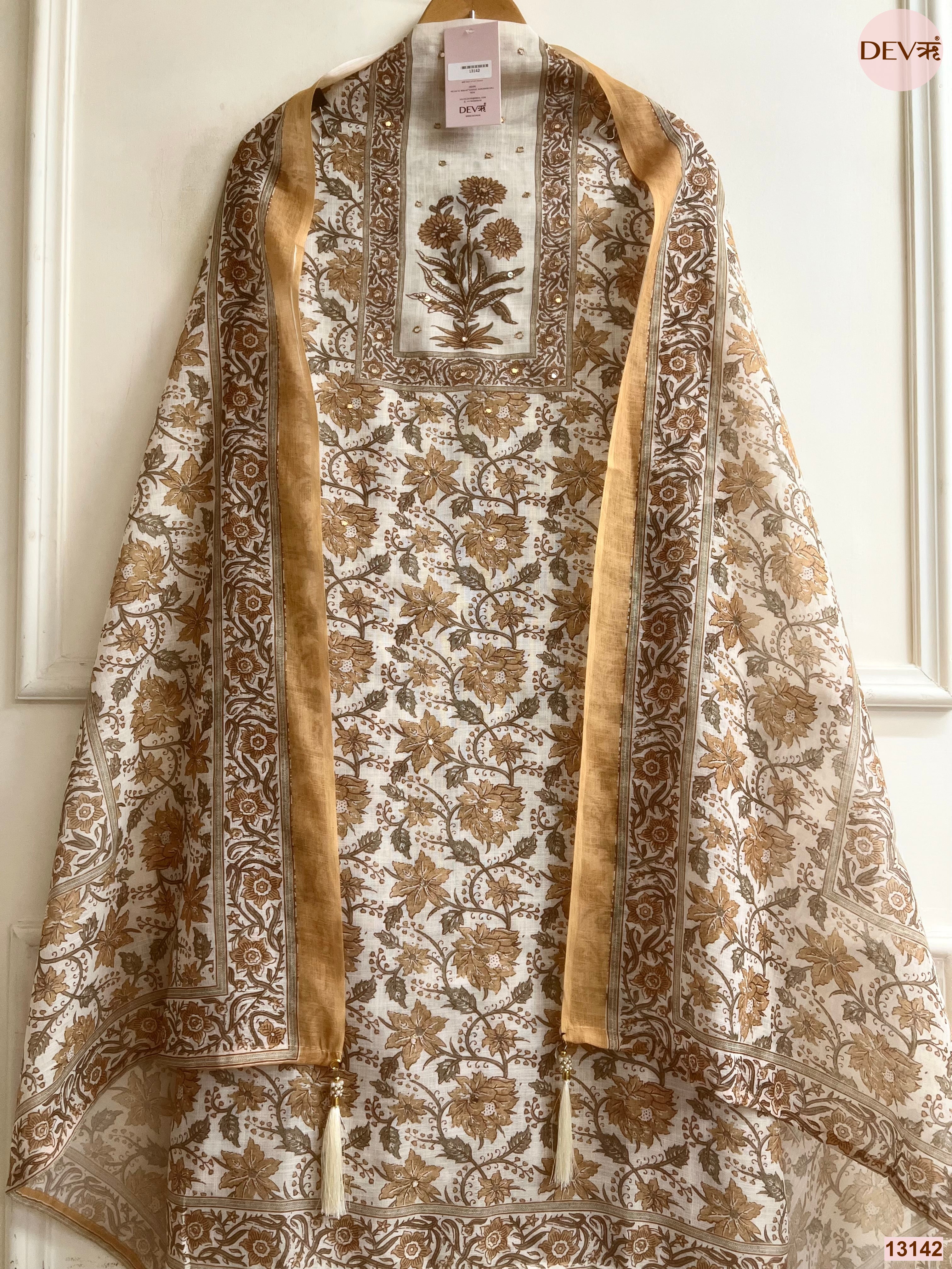Cream Linen Printed Unstitched 3-Piece Suit (Devri – D.No 13142)