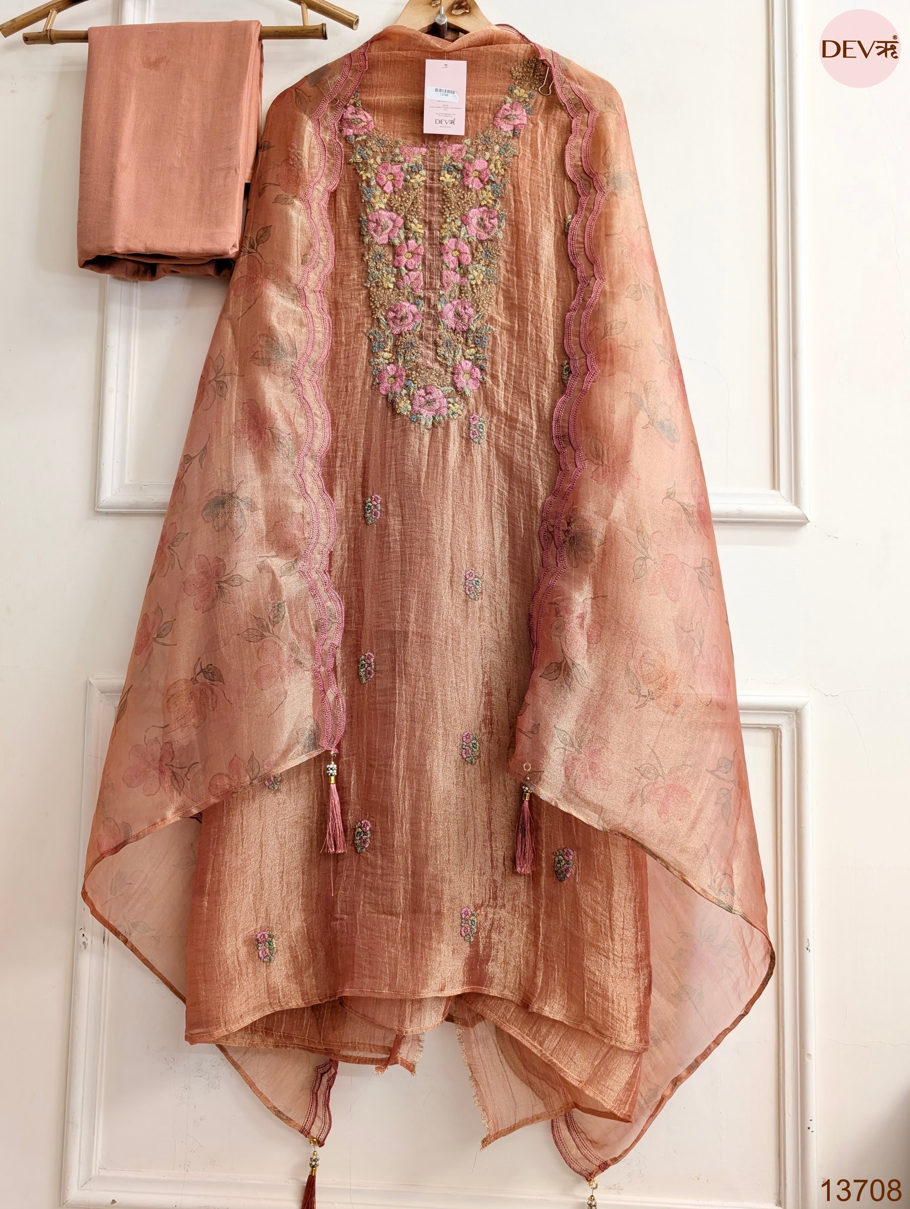 Peach Crush Tissue Silk Embroidered Unstitched 3-Piece Suit (Devri – D.No 13708)