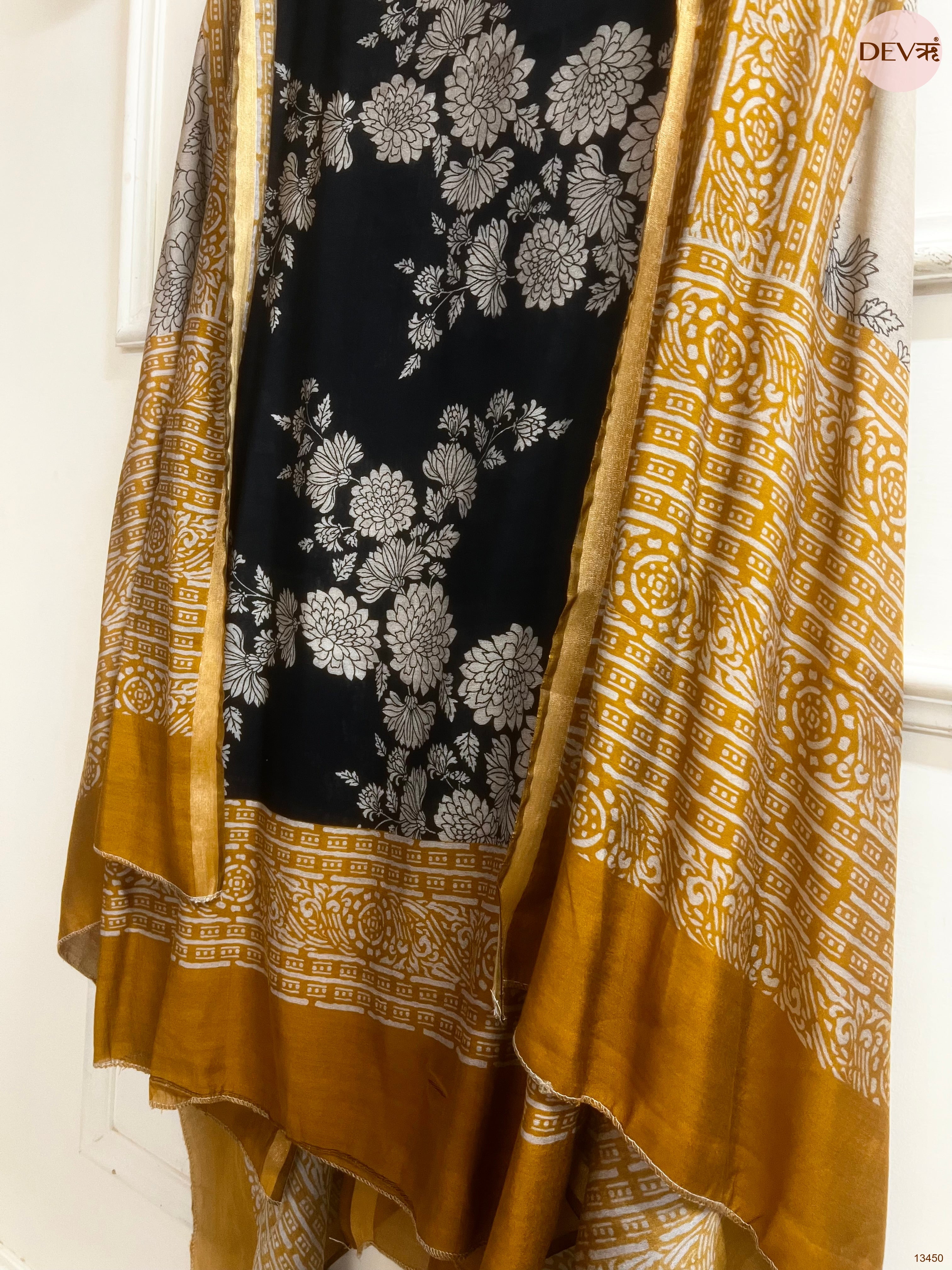Black Maheshwari Silk Printed Unstitched 3-Piece Suit (Devri – D.No 13450)