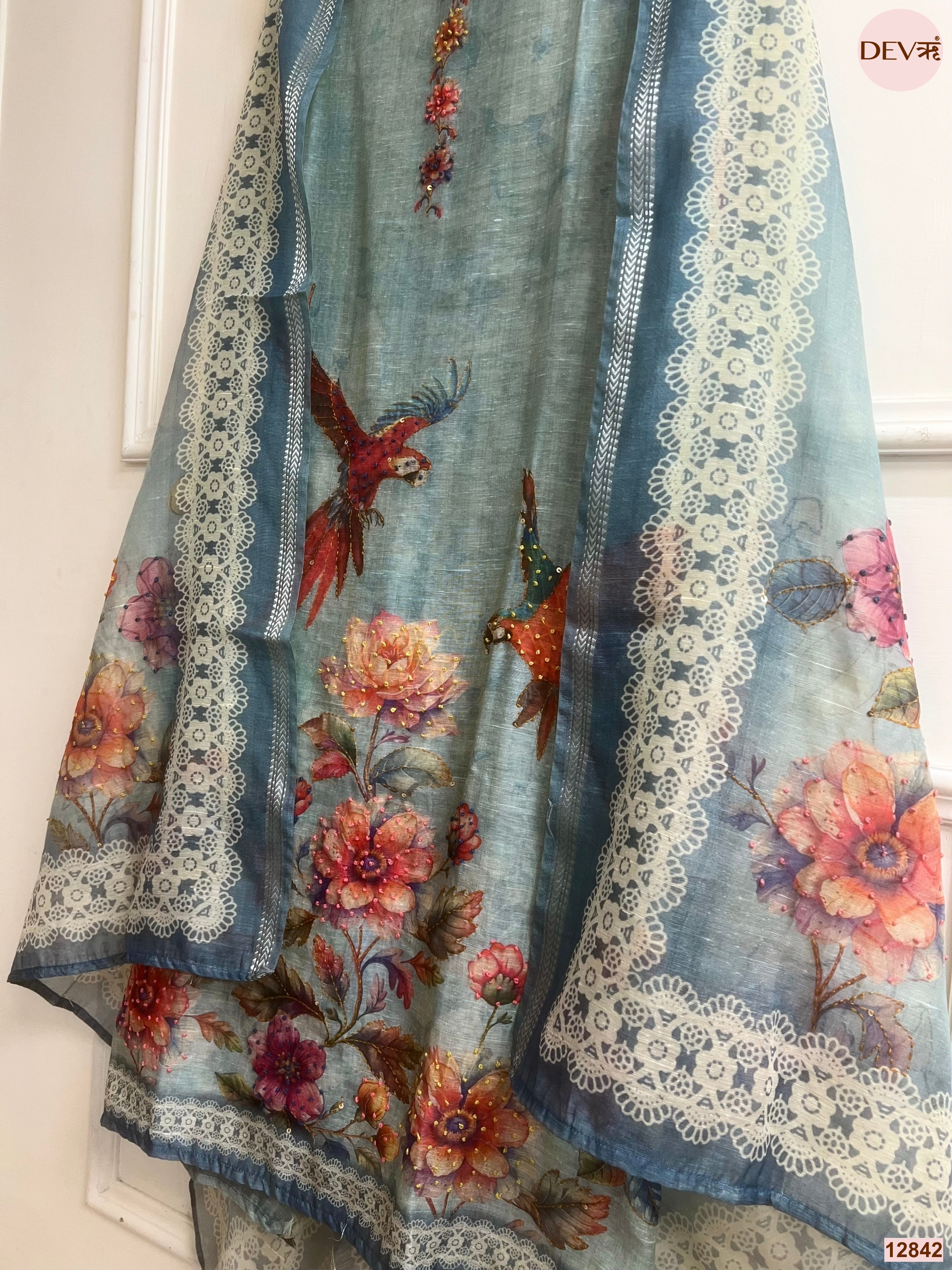 Blue Mul Chanderi Printed Unstitched 3-Piece Suit (Devri – D.No 12842)