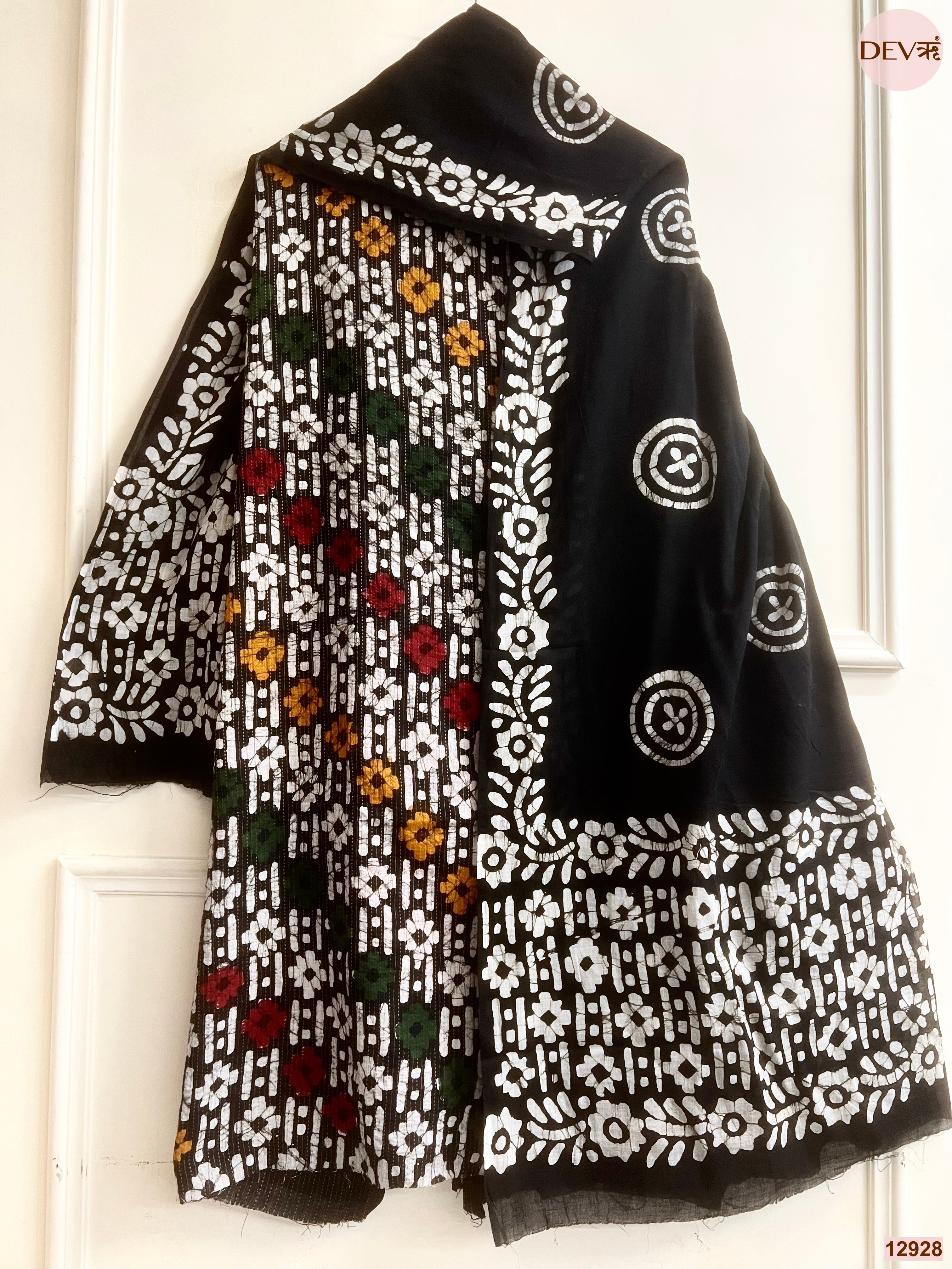 Black Cotton Batik Printed Unstitched 3-Piece Suit (Devri – D.No 12928)