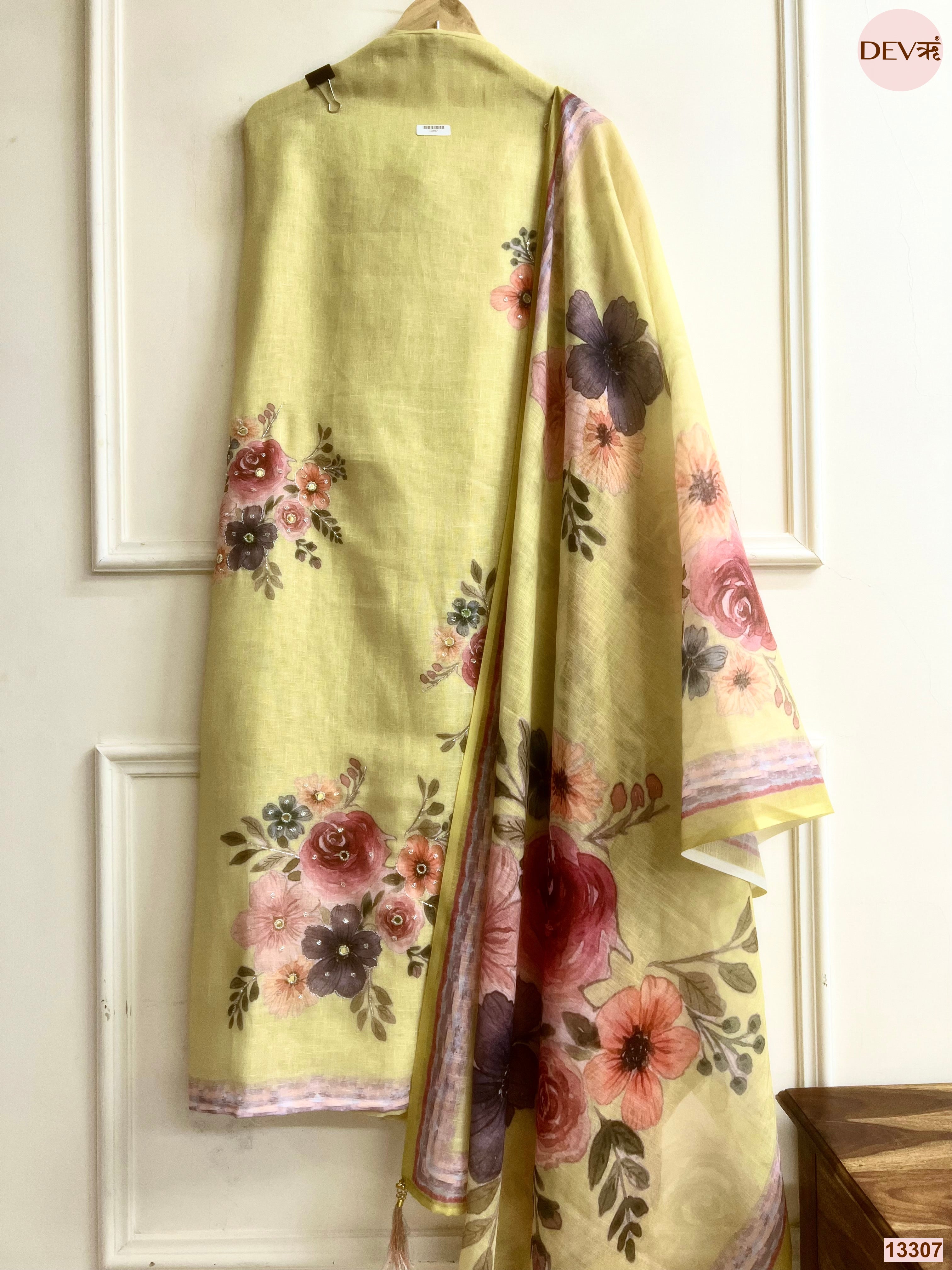 Yellow Linen Cotton Printed Unstitched 3-Piece Suit (Devri – D.No 13307)