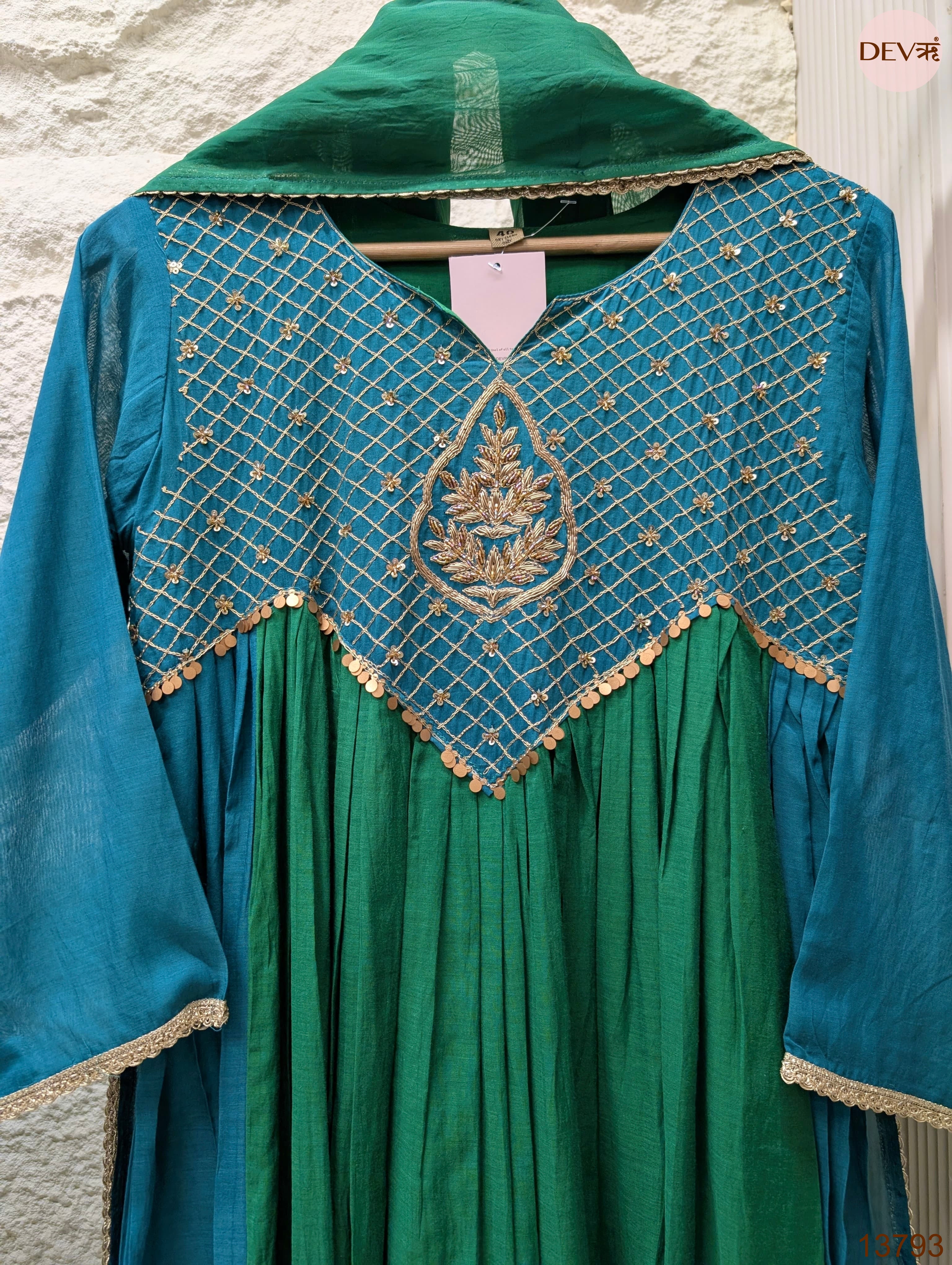 Zarmina Mul Chanderi Embroidered Teal Green 3-Piece Set (Devri – D.No 13793)