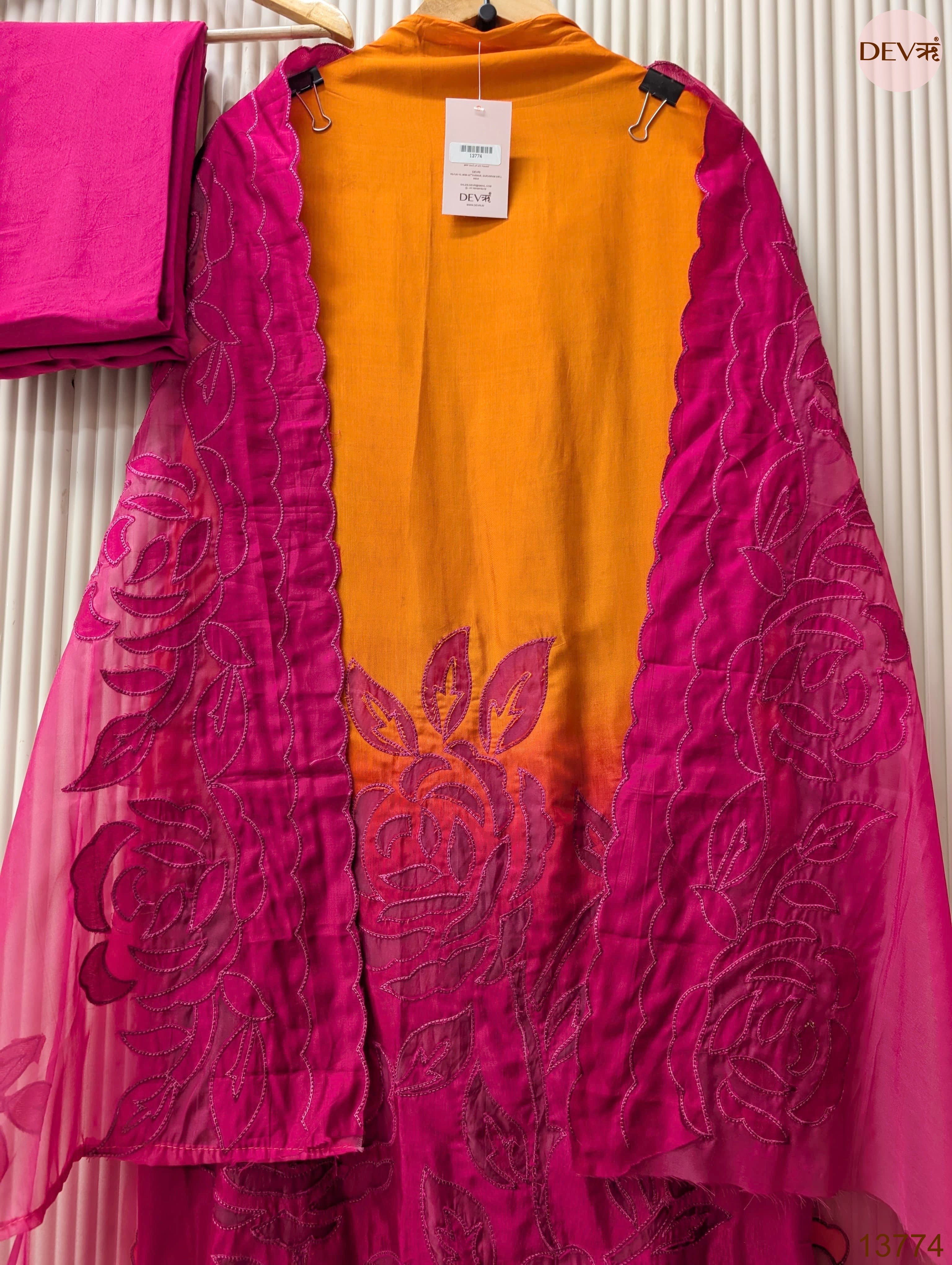 Orange Muslin Embroidered Unstitched 3-Piece Suit (Devri – D.No 13774)