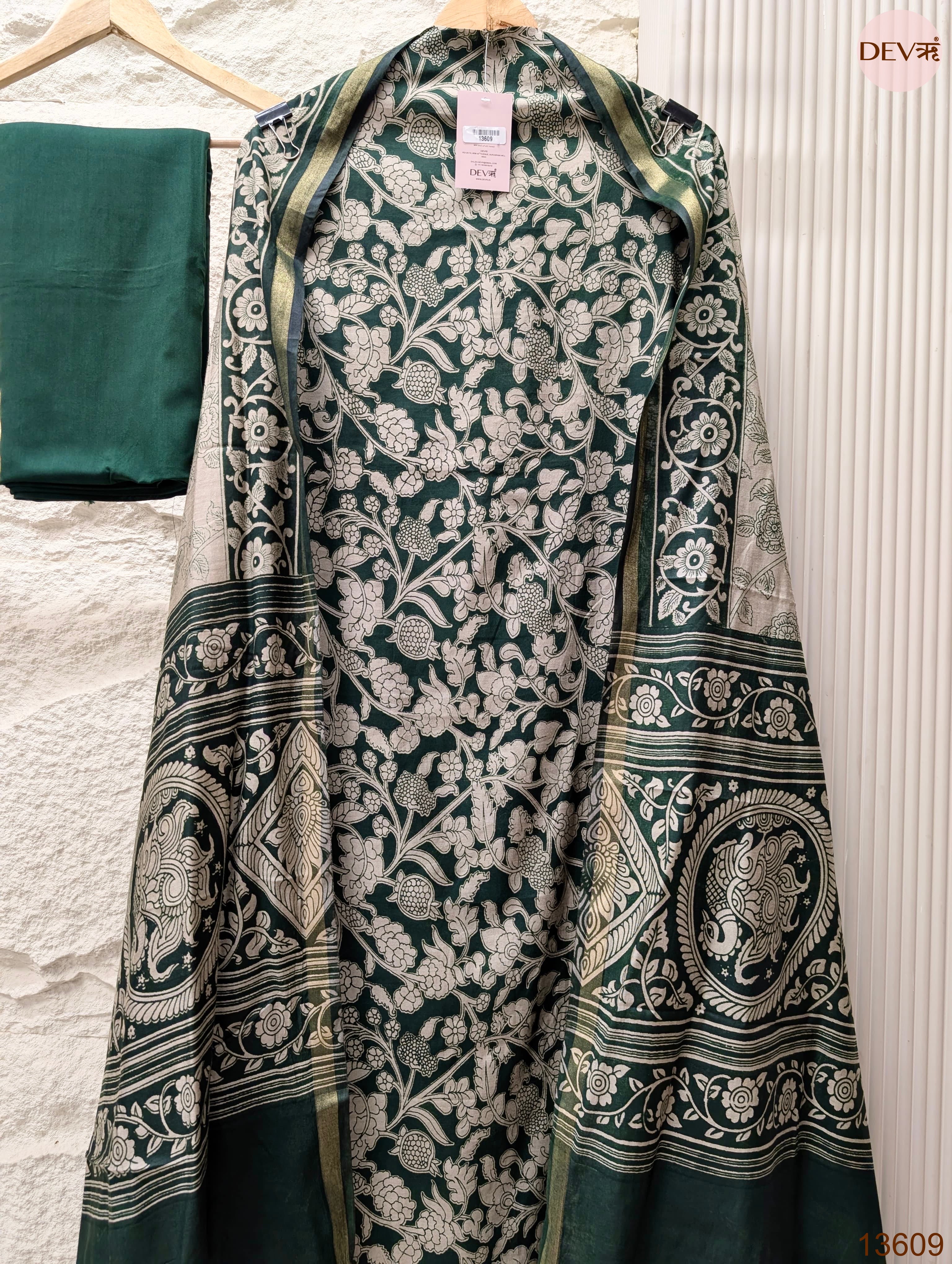 Green Maheshwari Silk Printed Unstitched 3-Piece Suit (Devri – D.No 13609)