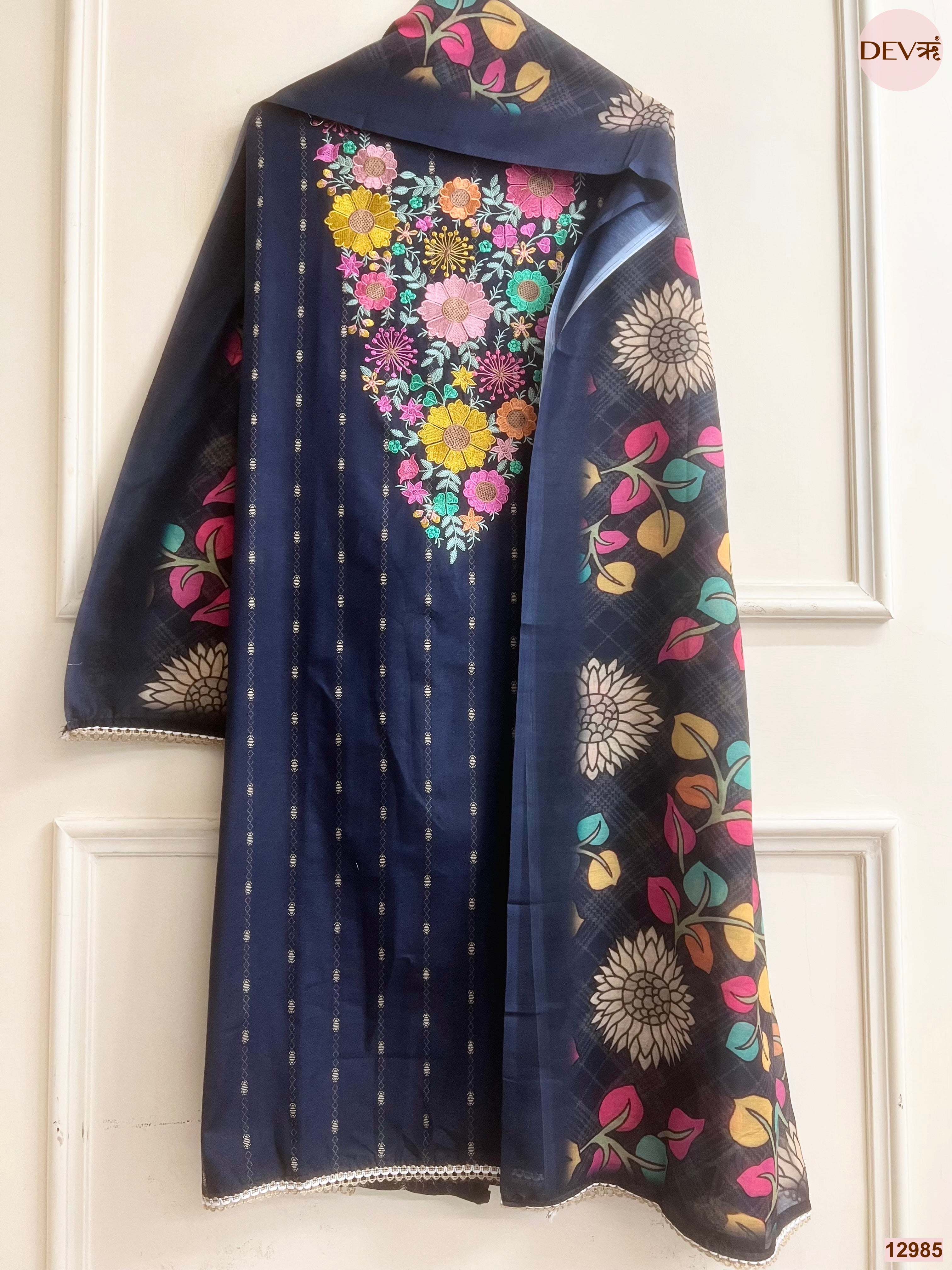 Navy Cotton Handloom Printed Unstitched 3-Piece Suit (Devri – D.No 12985)